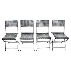 Used Set of 4 French Style Woven Black Enameled Iron  Folding Bistro Chairs, C. 1930 