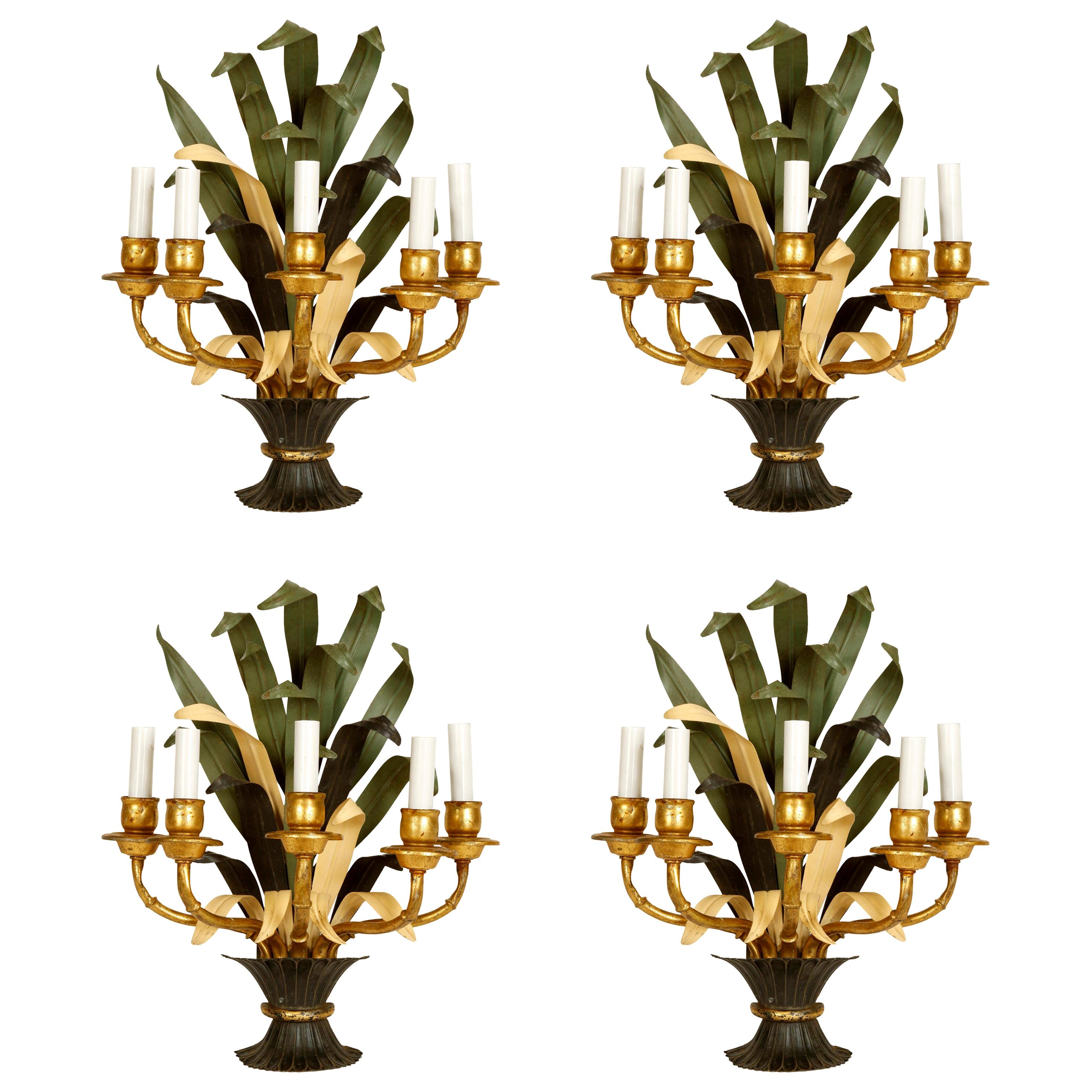 Set of Four French Tole Foliate Sconces