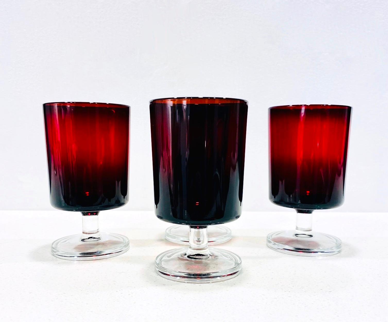 Mid-Century Modern Set of Four French Vintage Stemware Glasses in Ruby Red, c. 1960s