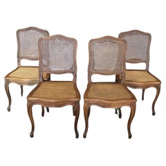 Antique Set of Four French Walnut Carved Cane Dining Chairs