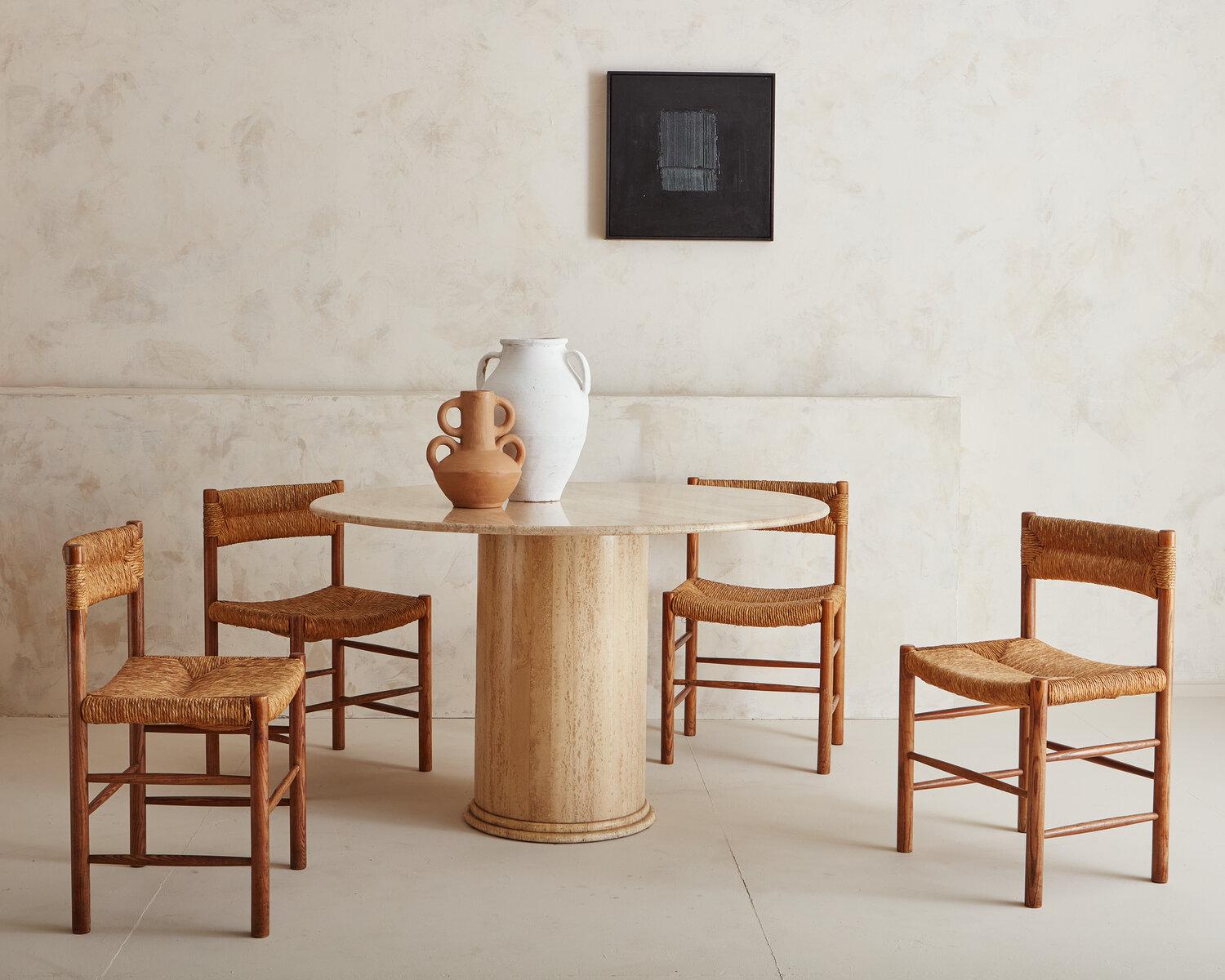 Mid-Century Modern Set of Four French Wood and Rush Dining Chairs in the Style of Robert Sentou