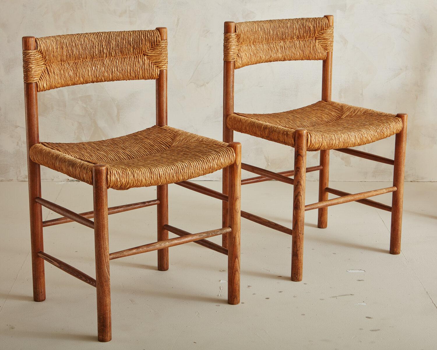Set of Four French Wood and Rush Dining Chairs in the Style of Robert Sentou In Good Condition In Chicago, IL