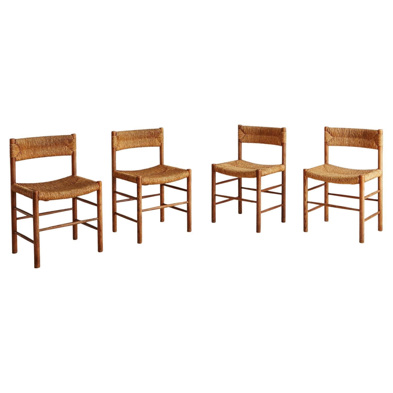 Set of Four French Wood and Rush Dining Chairs in the Style of Robert Sentou