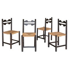 Set of Four French Wood and Woven Chairs