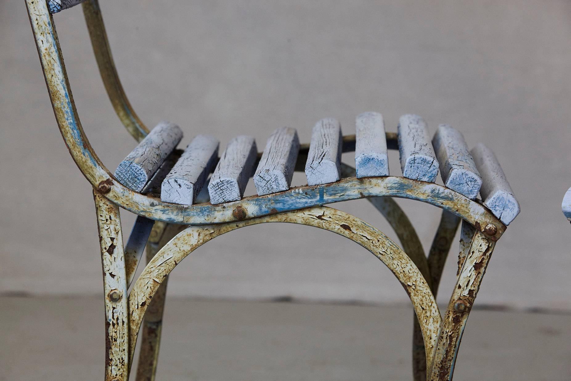 Set of Four French Wrought Iron Garden Chairs with Blue Wooden Slats 11