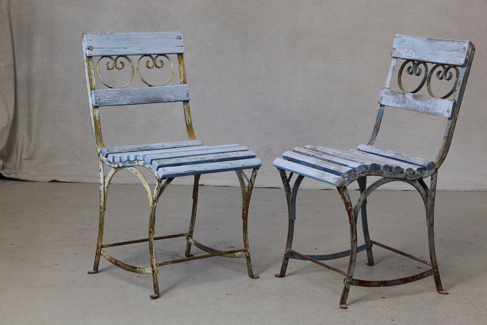 Set of Four French Wrought Iron Garden Chairs with Blue Wooden Slats 1