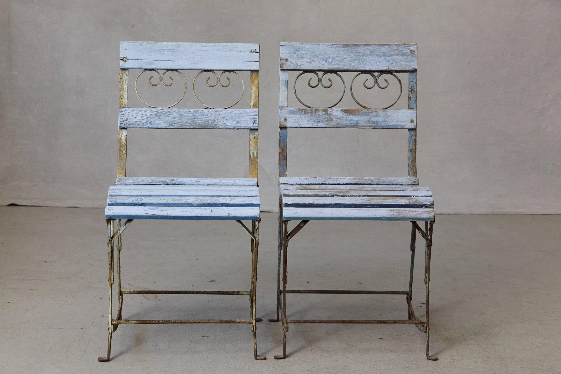 Set of Four French Wrought Iron Garden Chairs with Blue Wooden Slats 2