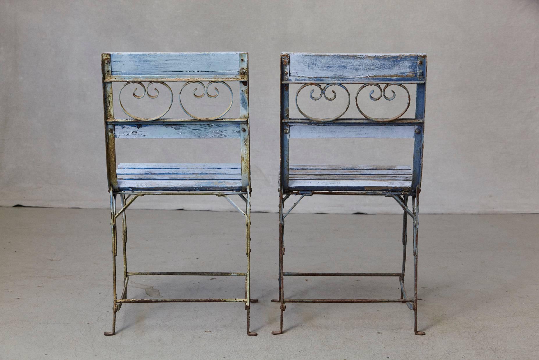 Set of Four French Wrought Iron Garden Chairs with Blue Wooden Slats 4