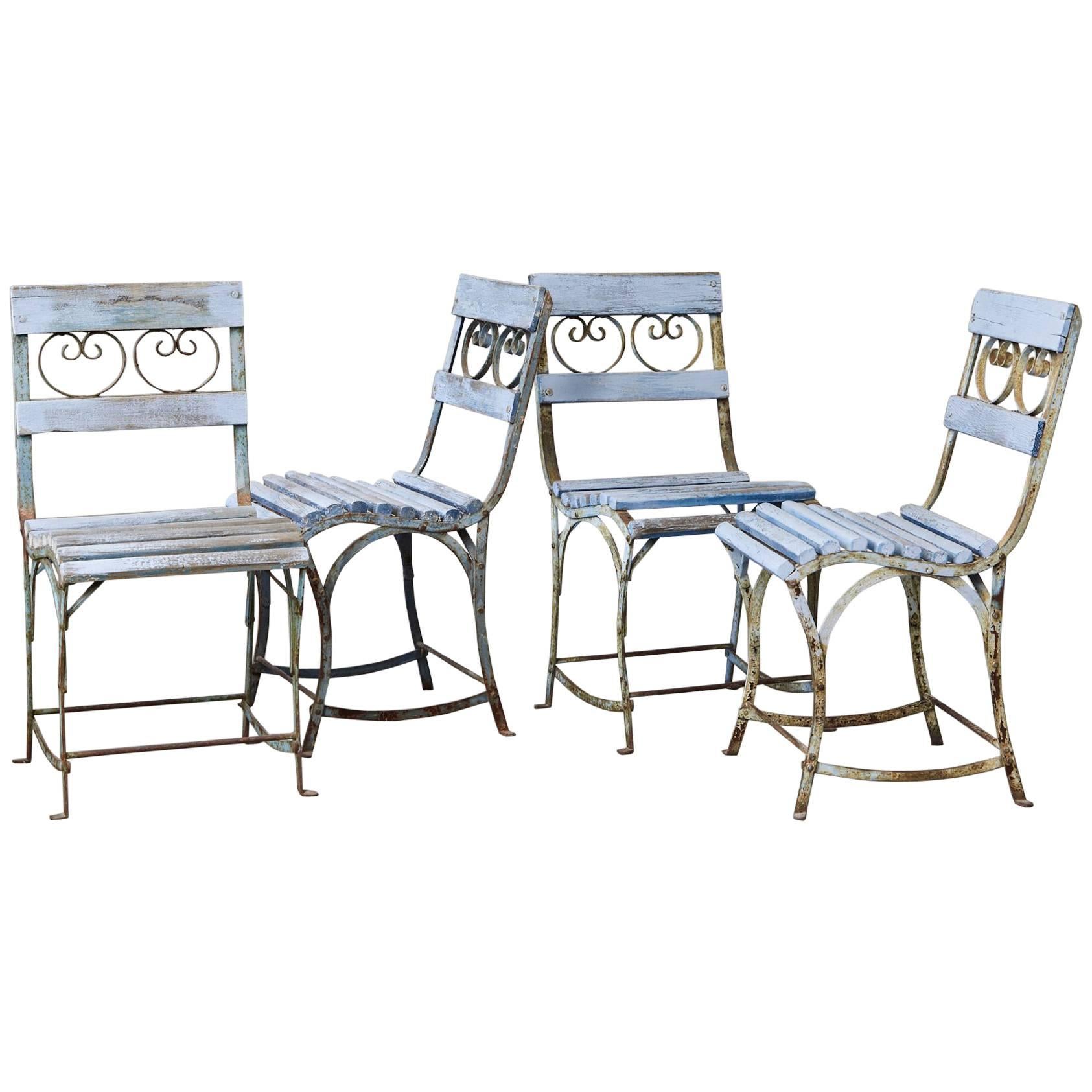 Set of Four French Wrought Iron Garden Chairs with Blue Wooden Slats