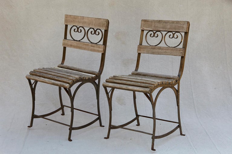 Set of Four French Wrought Iron Garden or Bistro Chairs with Wooden