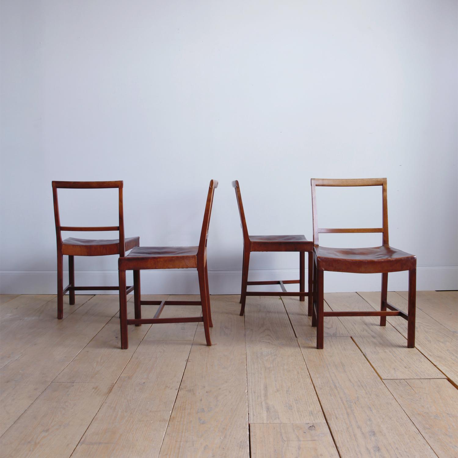 Scandinavian Modern Set of Six Frits Henningsen Dining Chairs with Original Leather For Sale
