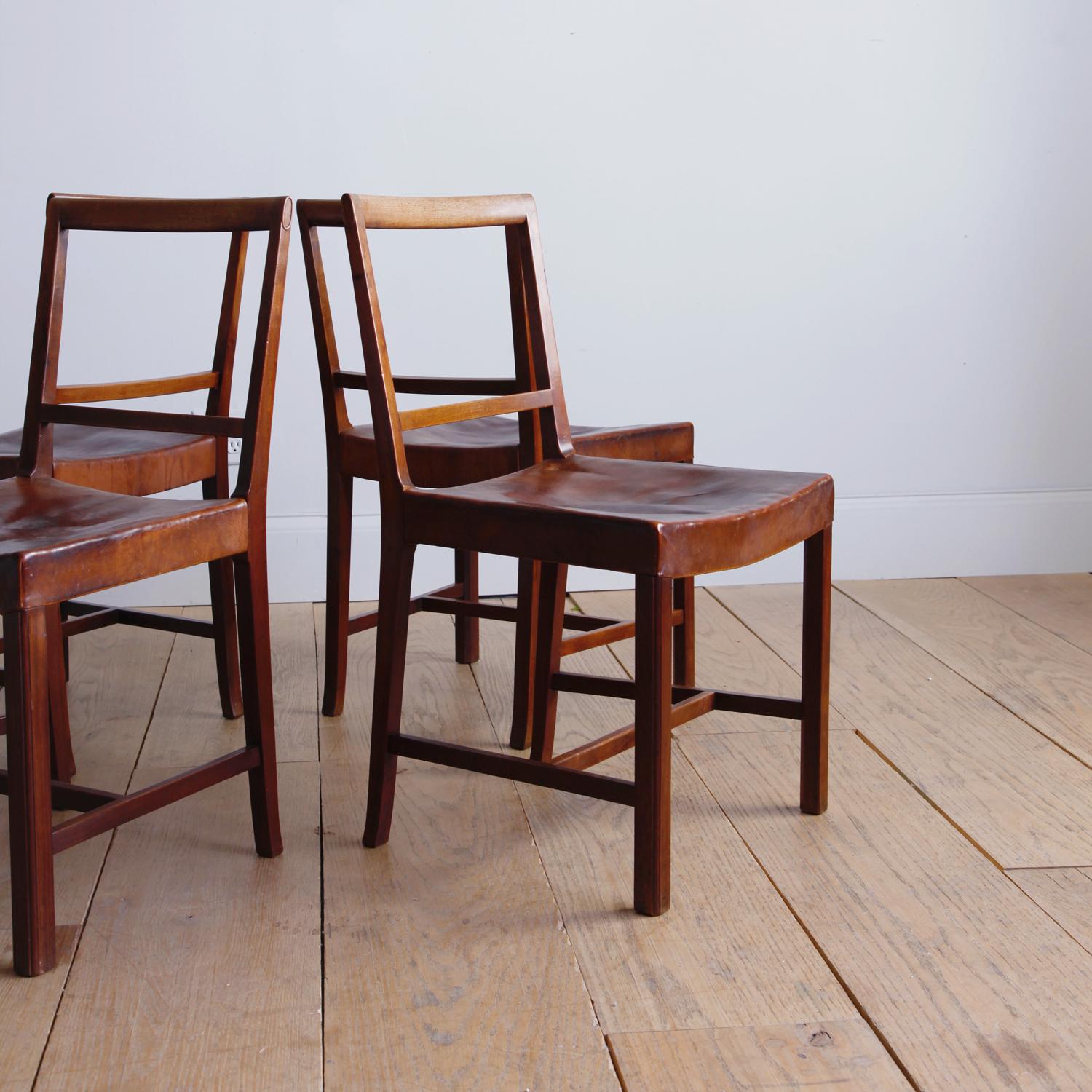 Danish Set of Six Frits Henningsen Dining Chairs with Original Leather For Sale