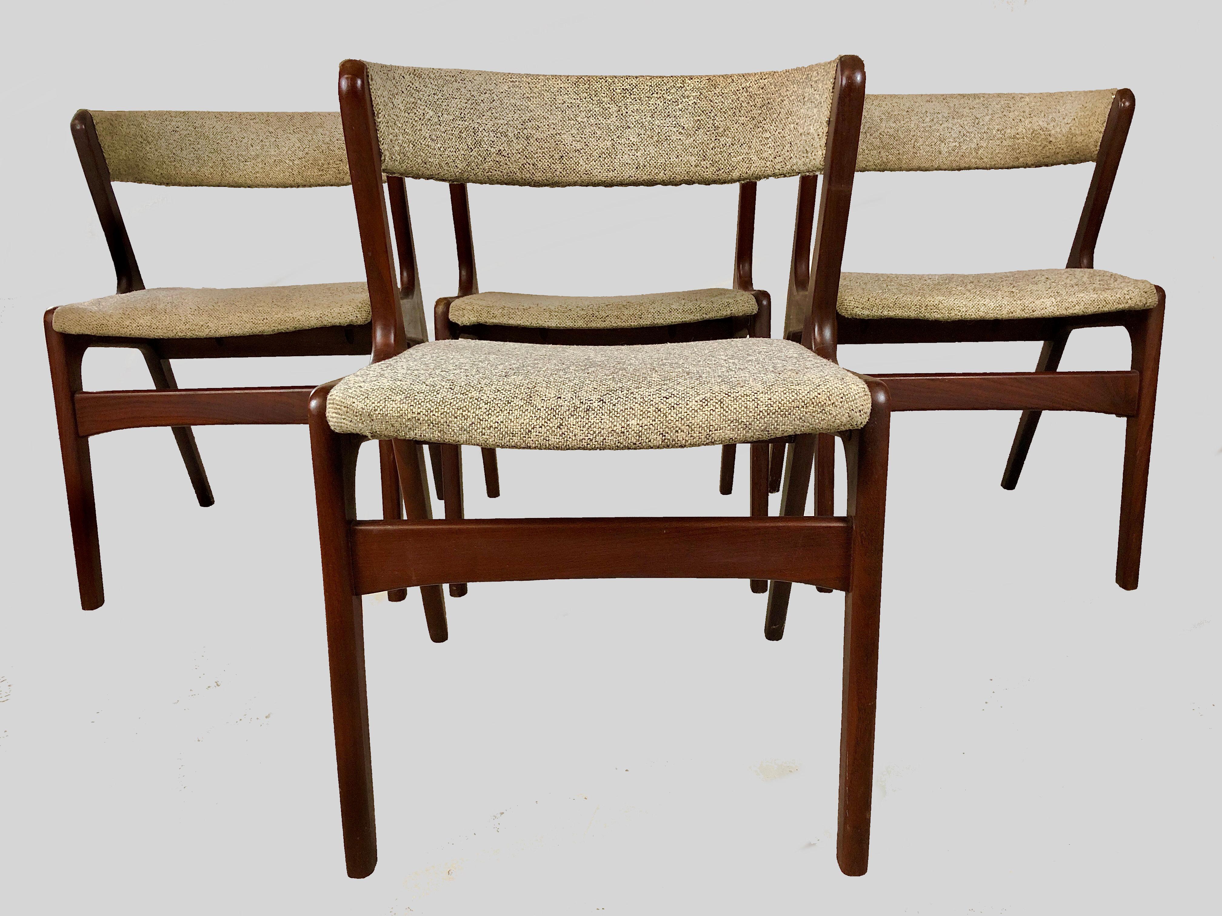 Scandinavian Modern Four Restored Kai Kristiansen Teak Dining Chairs Custom Reupholstery Included For Sale