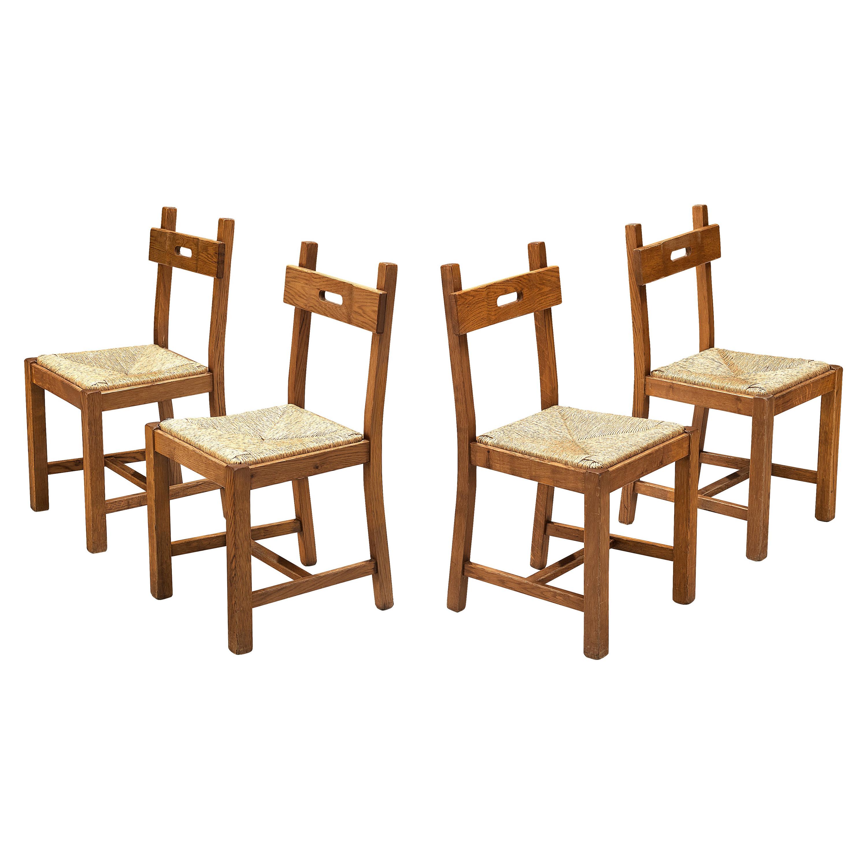 Belgian Set of Four Dining Chairs in Oak and Straw 