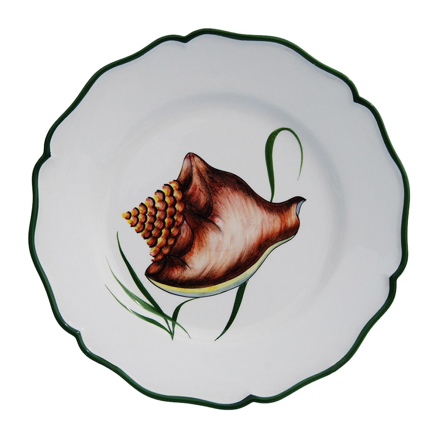 Hand-Painted Set of Four Game of Shells Ceramic Dinner Plates