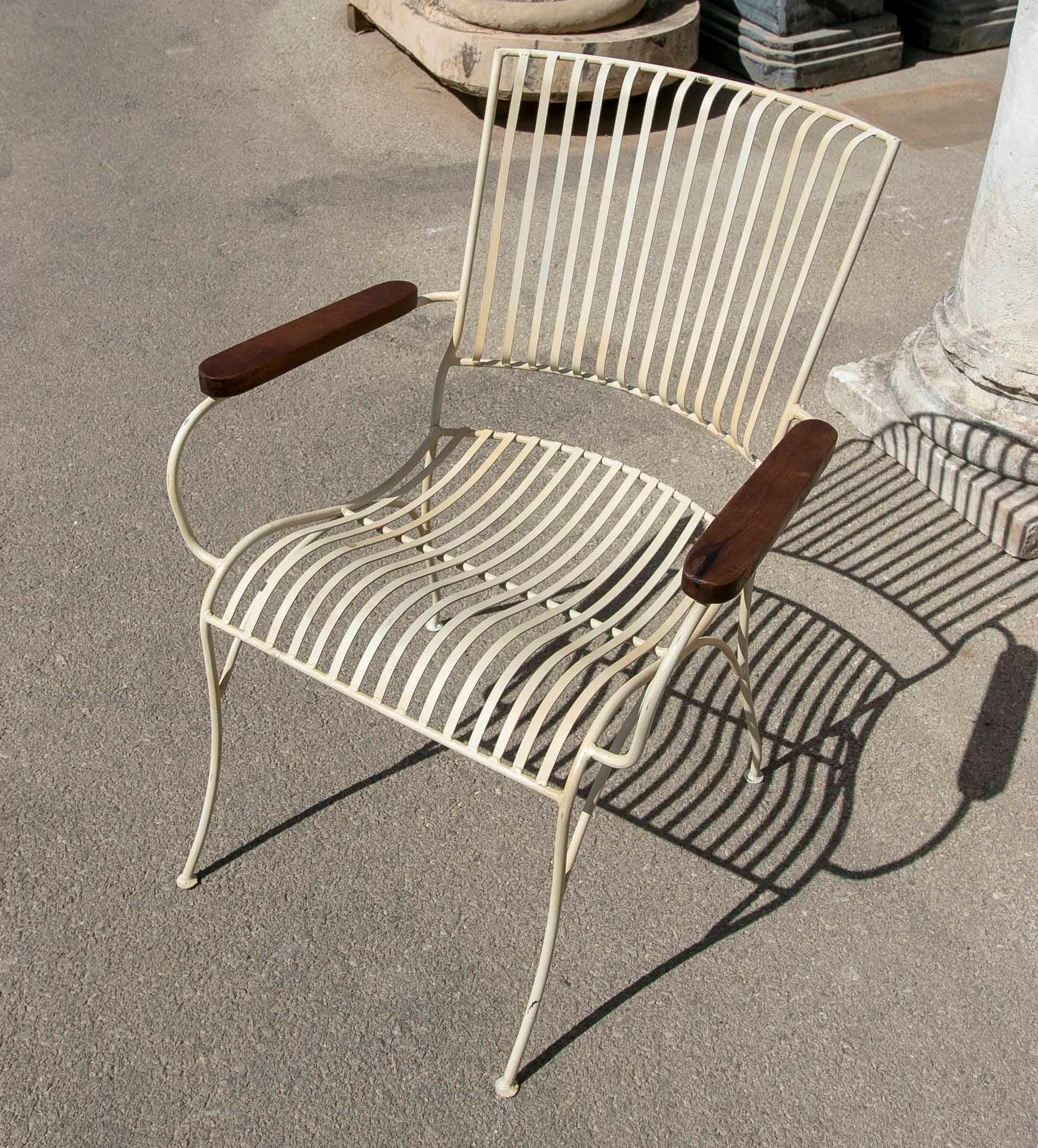Contemporary Set of Four Garden Chairs Made of Iron with Wooden Armrests  For Sale