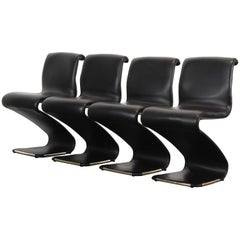 Set of Four Gastone Rinaldi Black Faux Leather and Brass Z Chairs, 1970s