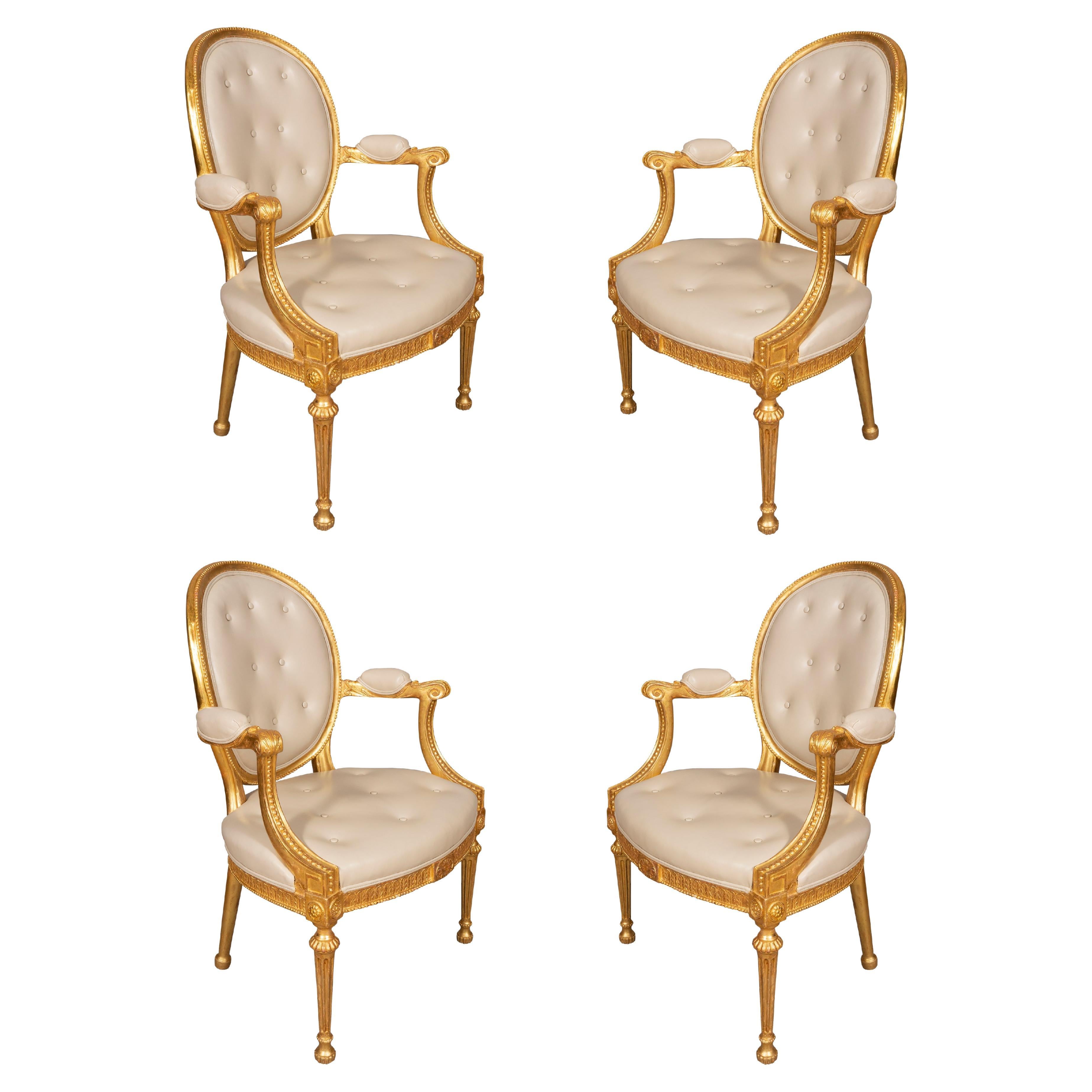 Set of Four George III Style Giltwood Armchairs For Sale