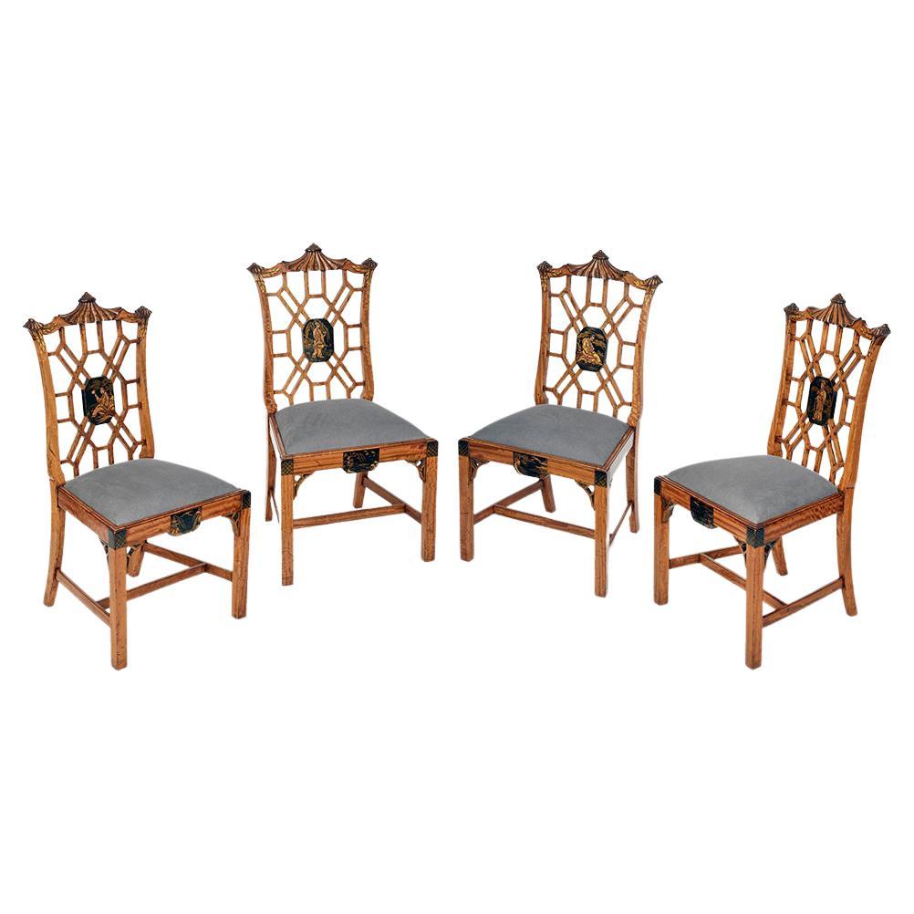 Set of Four George III Satinwood and Japanned Side Chairs