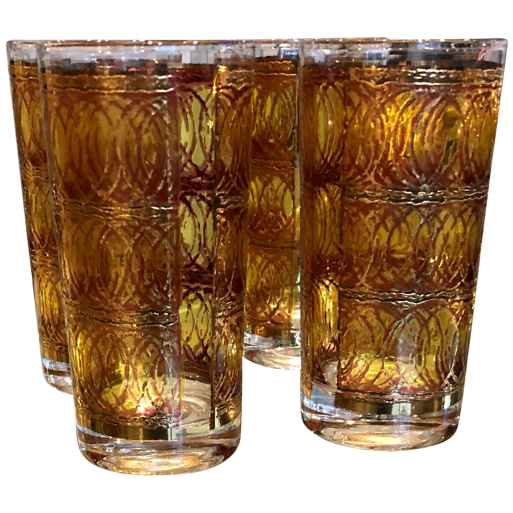 Set of Four Georges Briard Gilt Gold & Smoked Overlay to Clear Cocktail Glasses