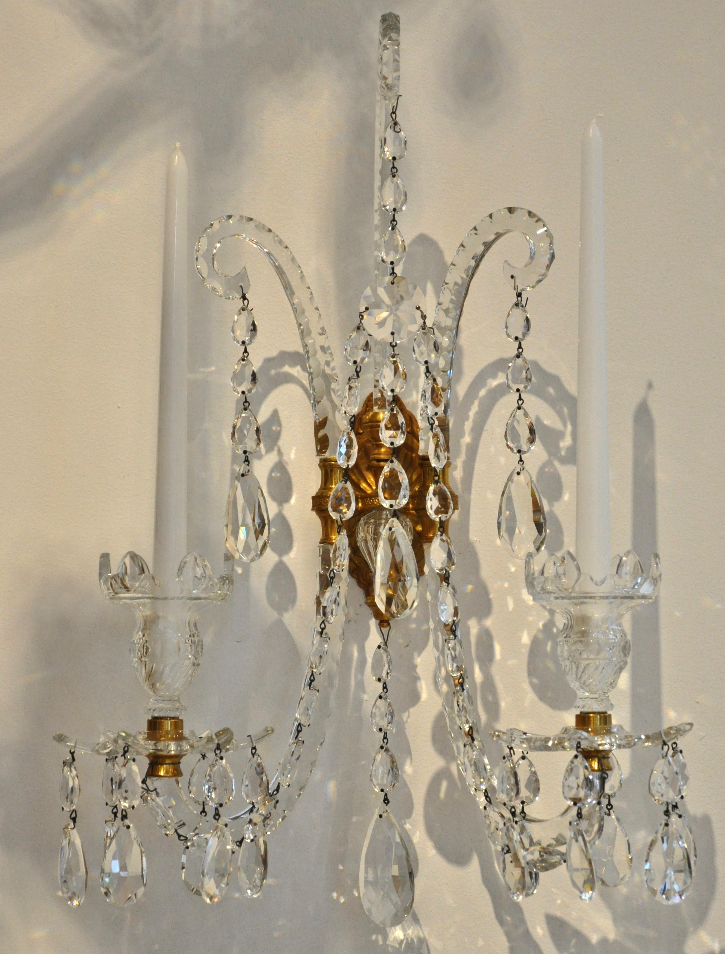 English Set of Four Georgian Style Crystal and Gilt Brass Sconces