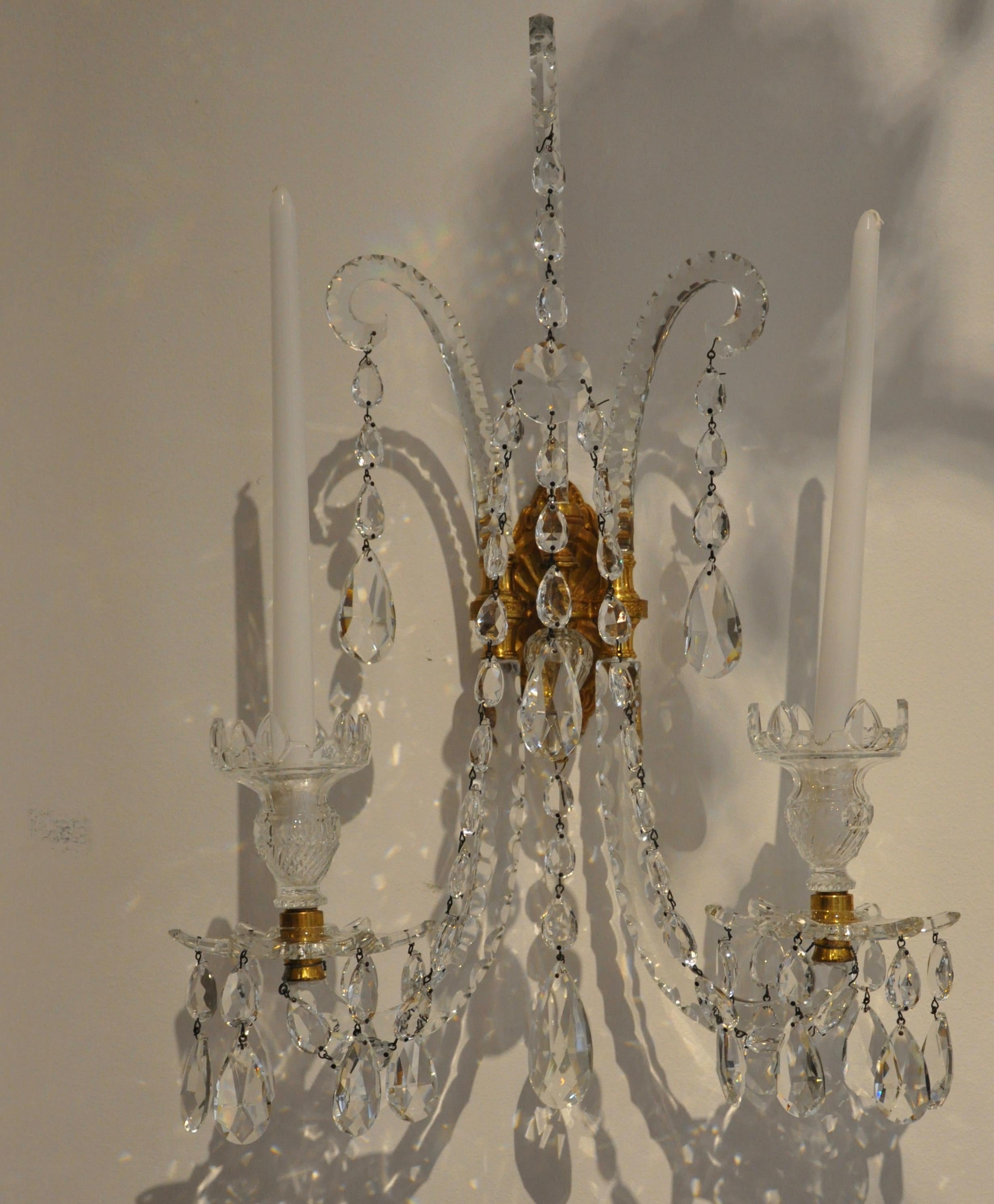 Set of Four Georgian Style Crystal and Gilt Brass Sconces In Excellent Condition In Essex, MA