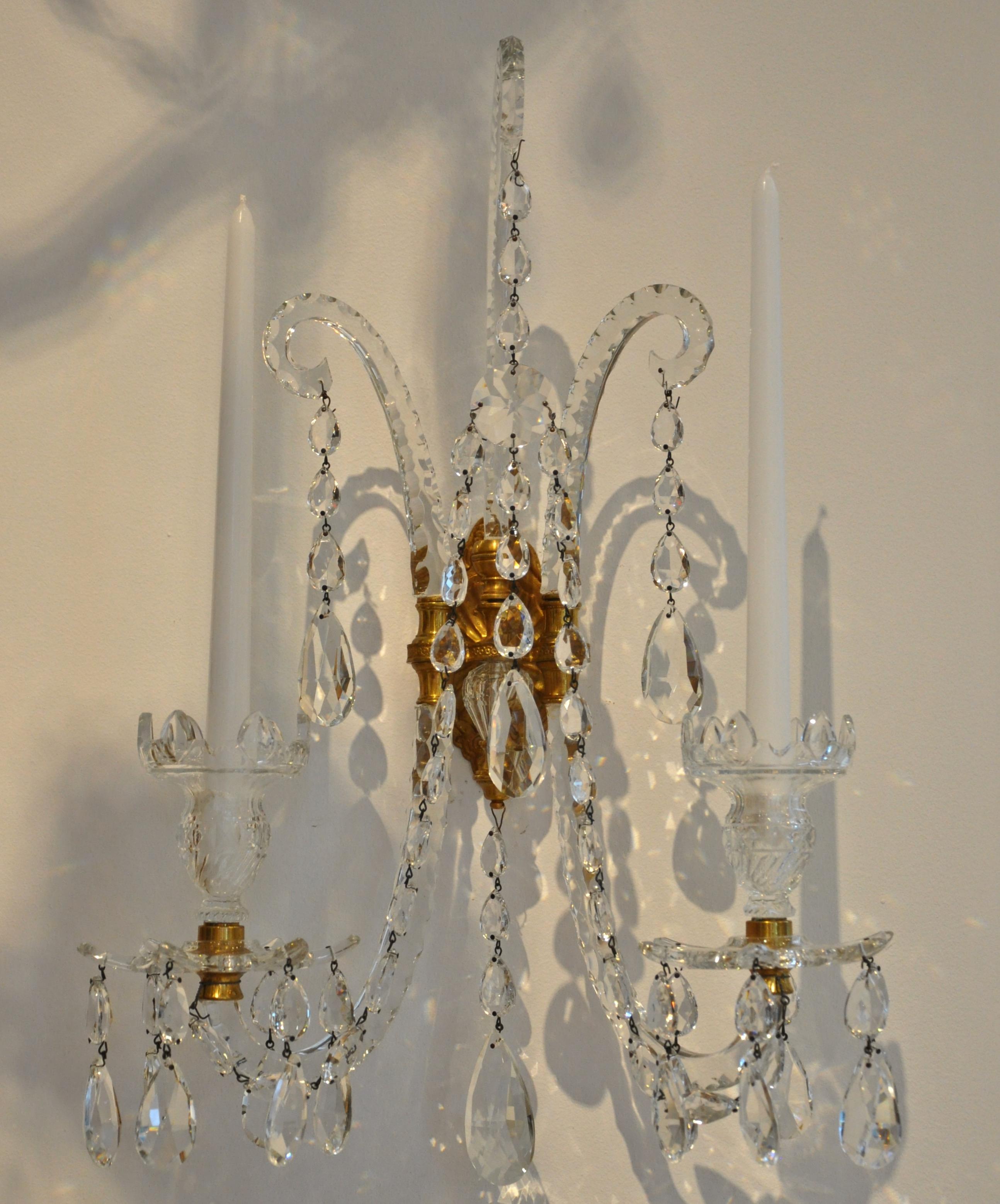20th Century Set of Four Georgian Style Crystal and Gilt Brass Sconces