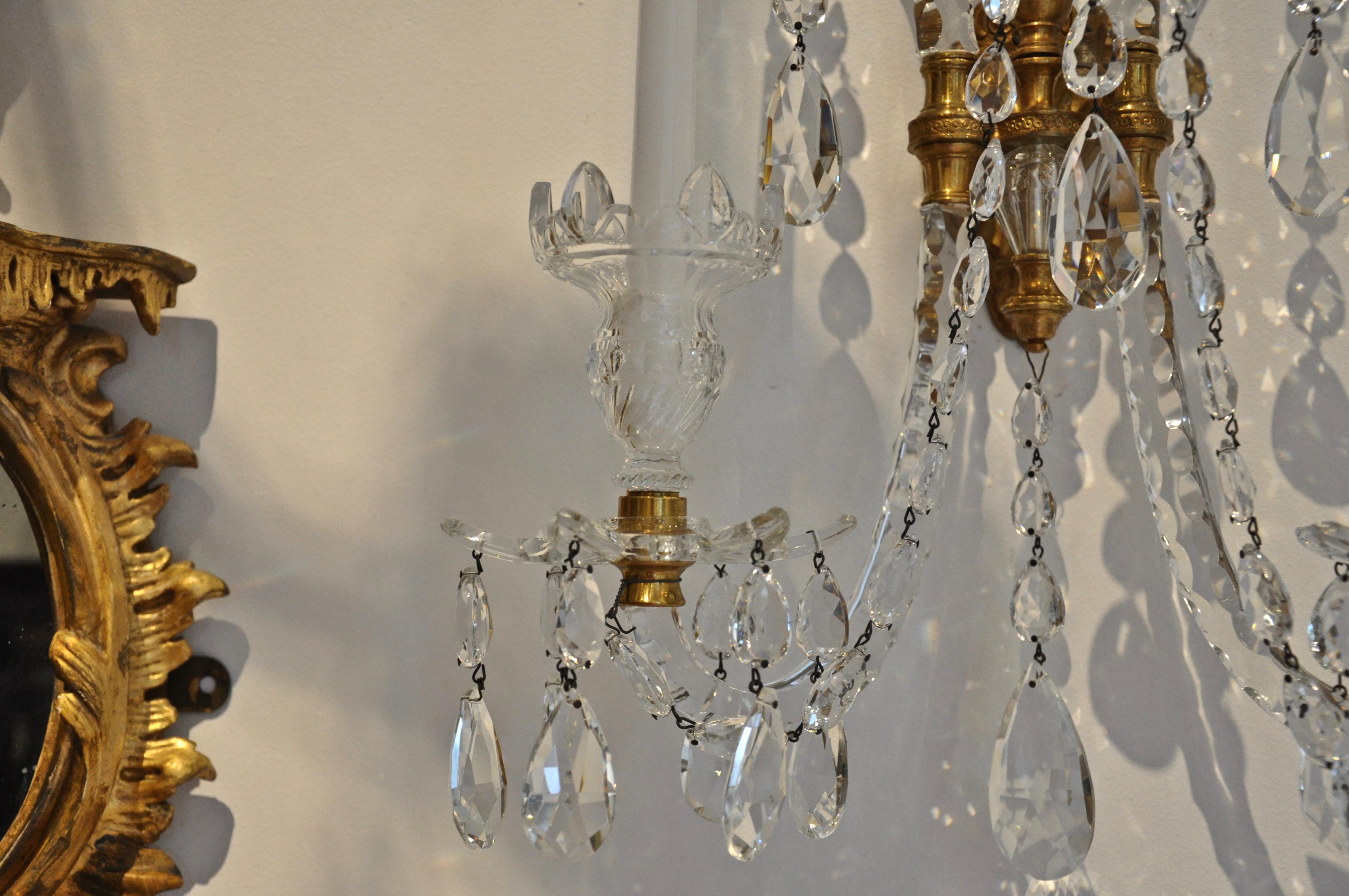 Set of Four Georgian Style Crystal and Gilt Brass Sconces 1