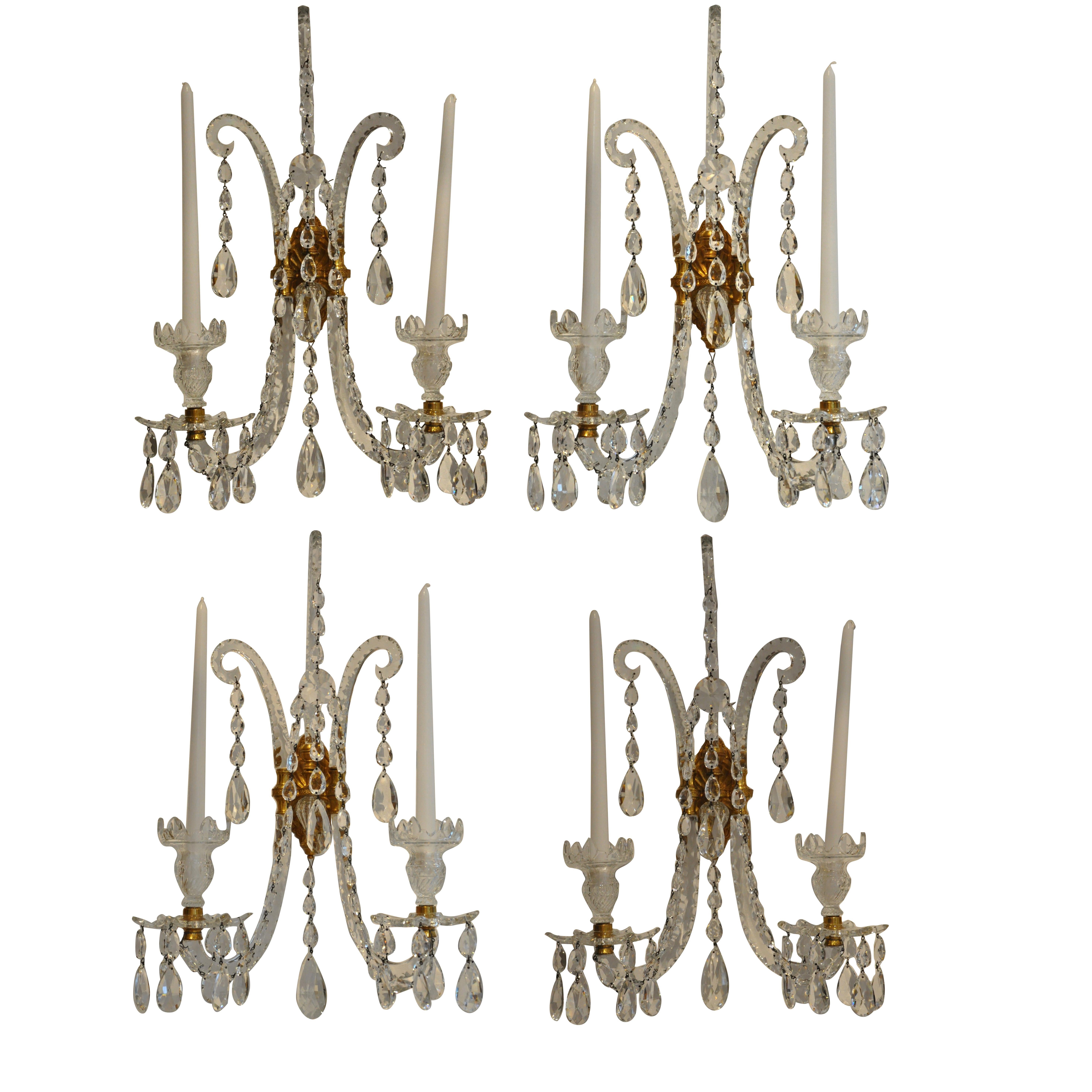 Set of Four Georgian Style Crystal and Gilt Brass Sconces