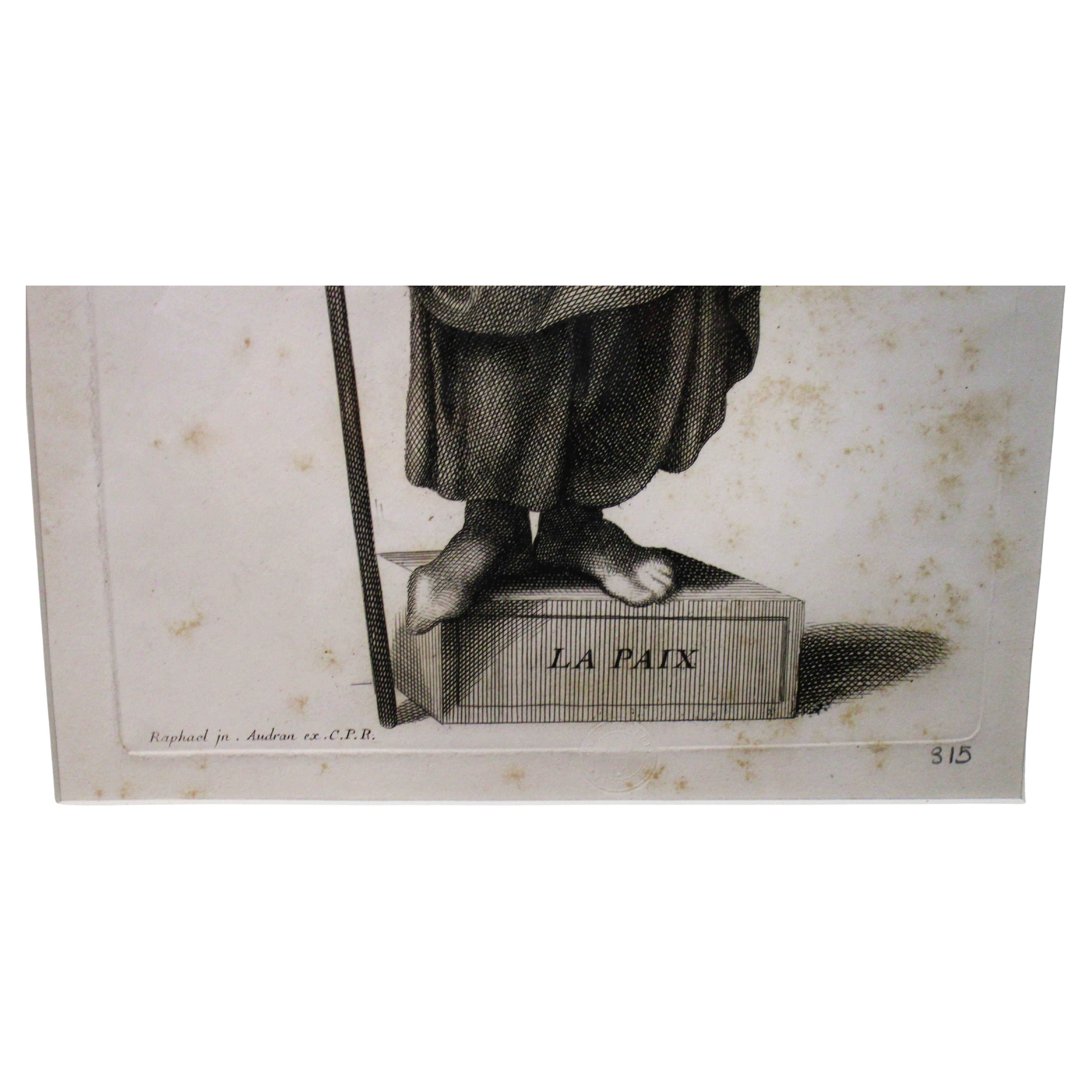 Conjunto de cuatro grabados antiguos de Gerard Audran Cariátides alegóricas de Rafael siglo XIX en venta