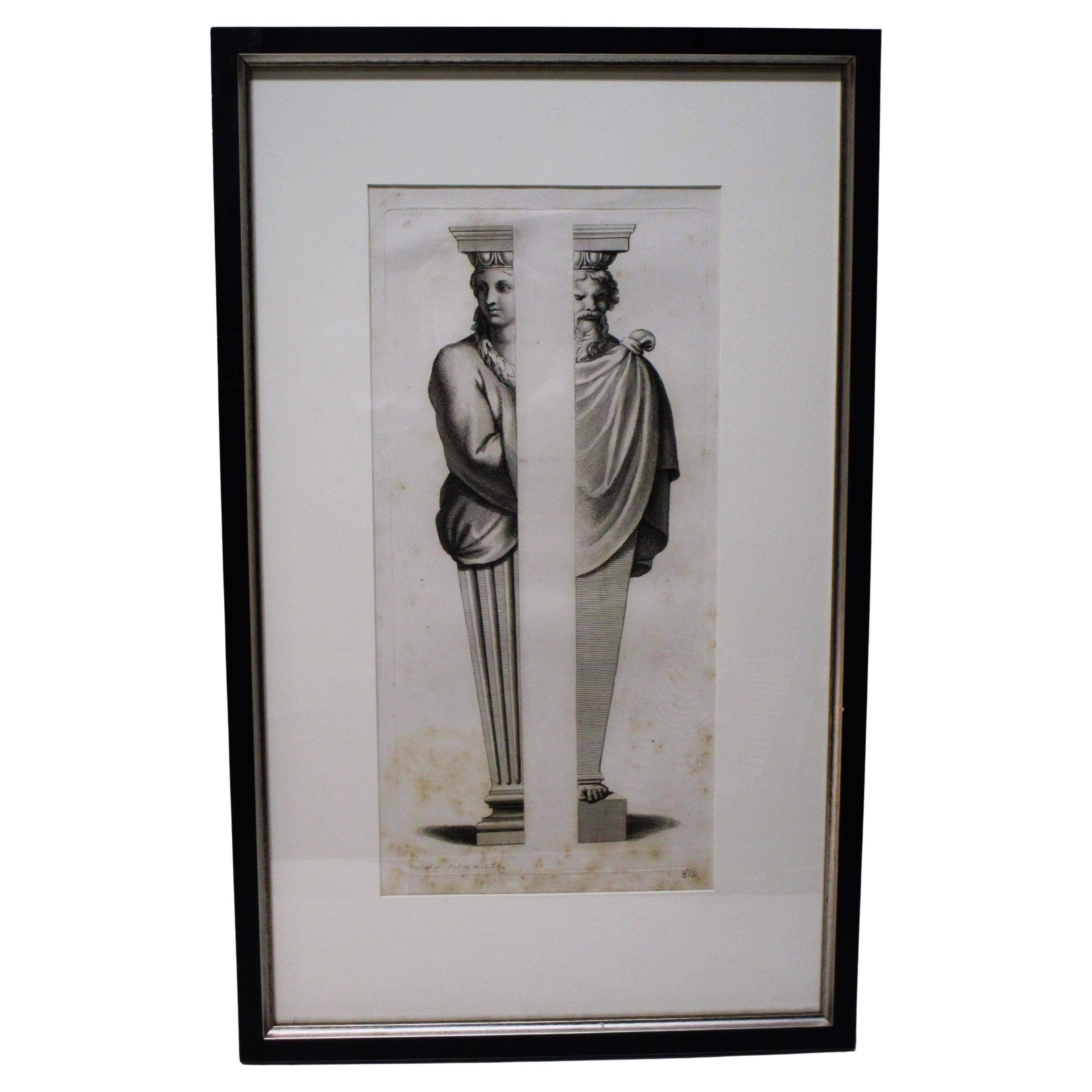 Conjunto de cuatro grabados antiguos de Gerard Audran Cariátides alegóricas de Rafael Vidrio en venta
