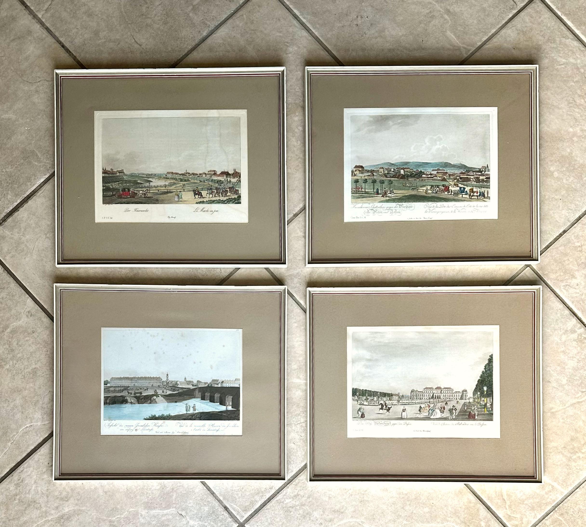 Collection of four late 18th century European city view colored engravings, professionally framed and matted in Vienna / Europe. 