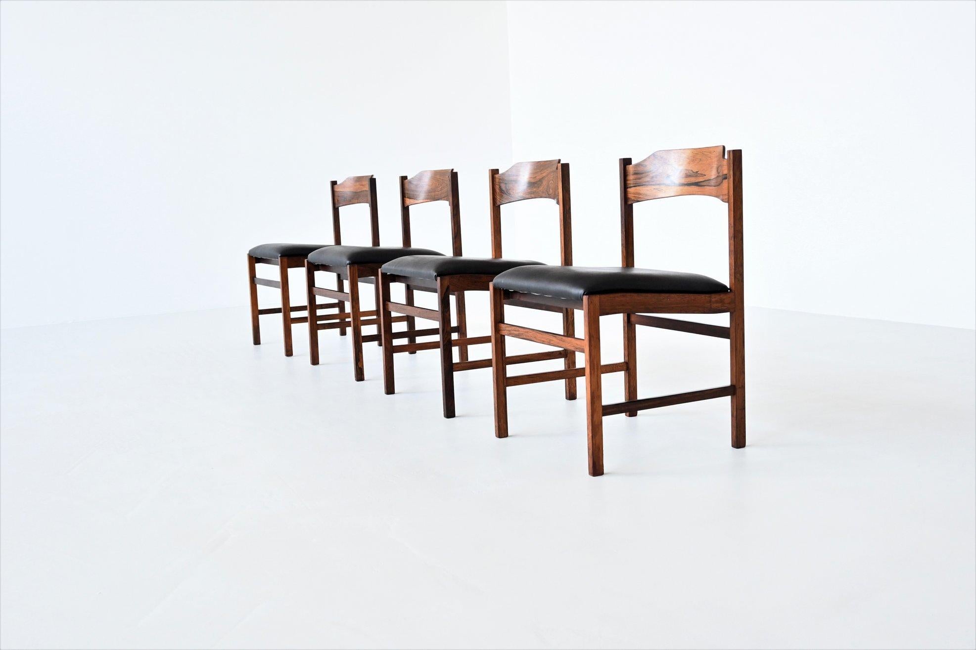 Beautiful shaped and well-crafted set of four dining chairs in the style of Gianfranco Frattini, Italy 1960. These subtle modernist nice chairs are made of beautiful grained solid Brazilian rosewood and the seats are upholstered with original black