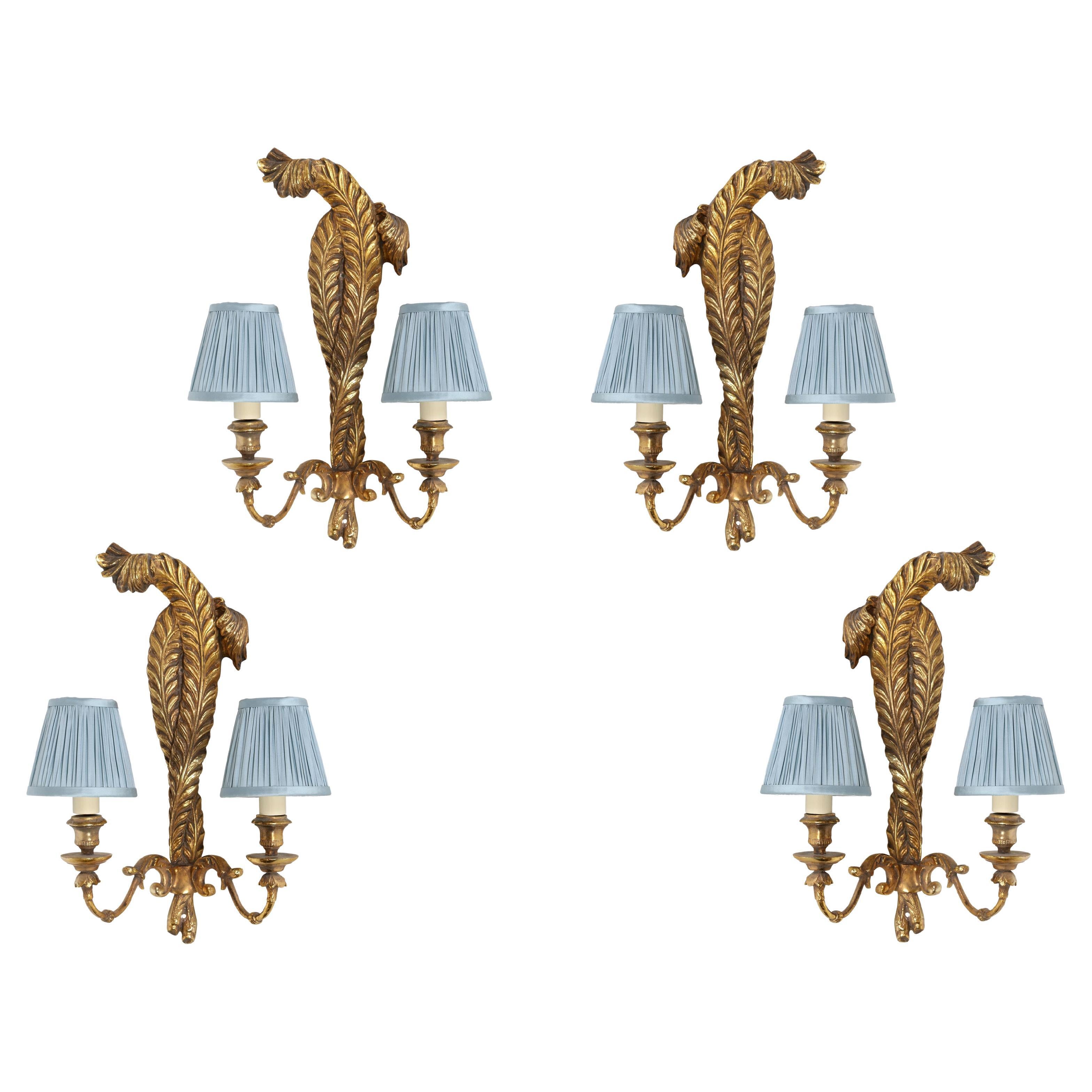 Set of Four Gilt and Brass Prince of Wales Double Arm Sconces For Sale