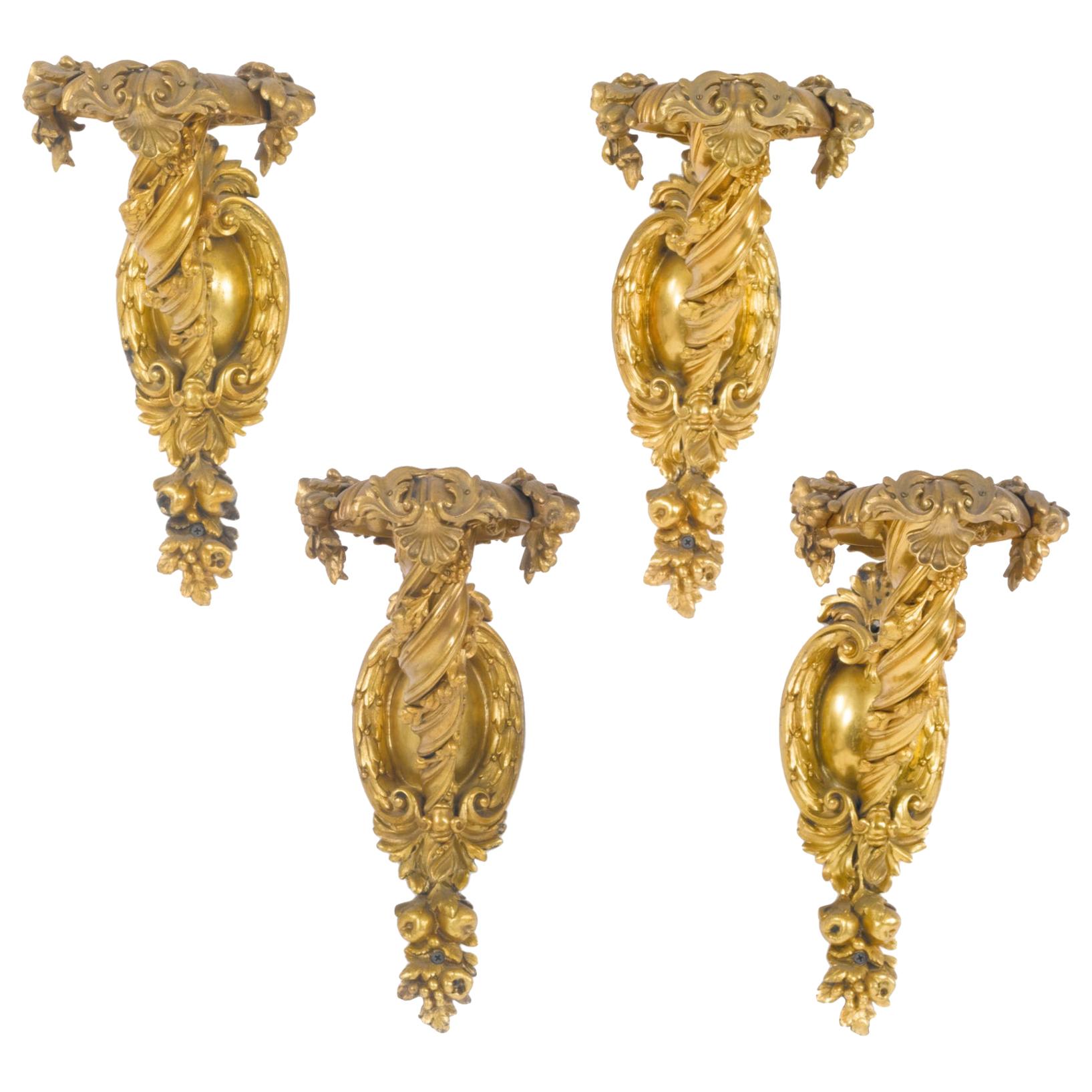 Set of Four Gilt Bronze Single Branch Wall Lights Sconces Attributed to Caldwell For Sale