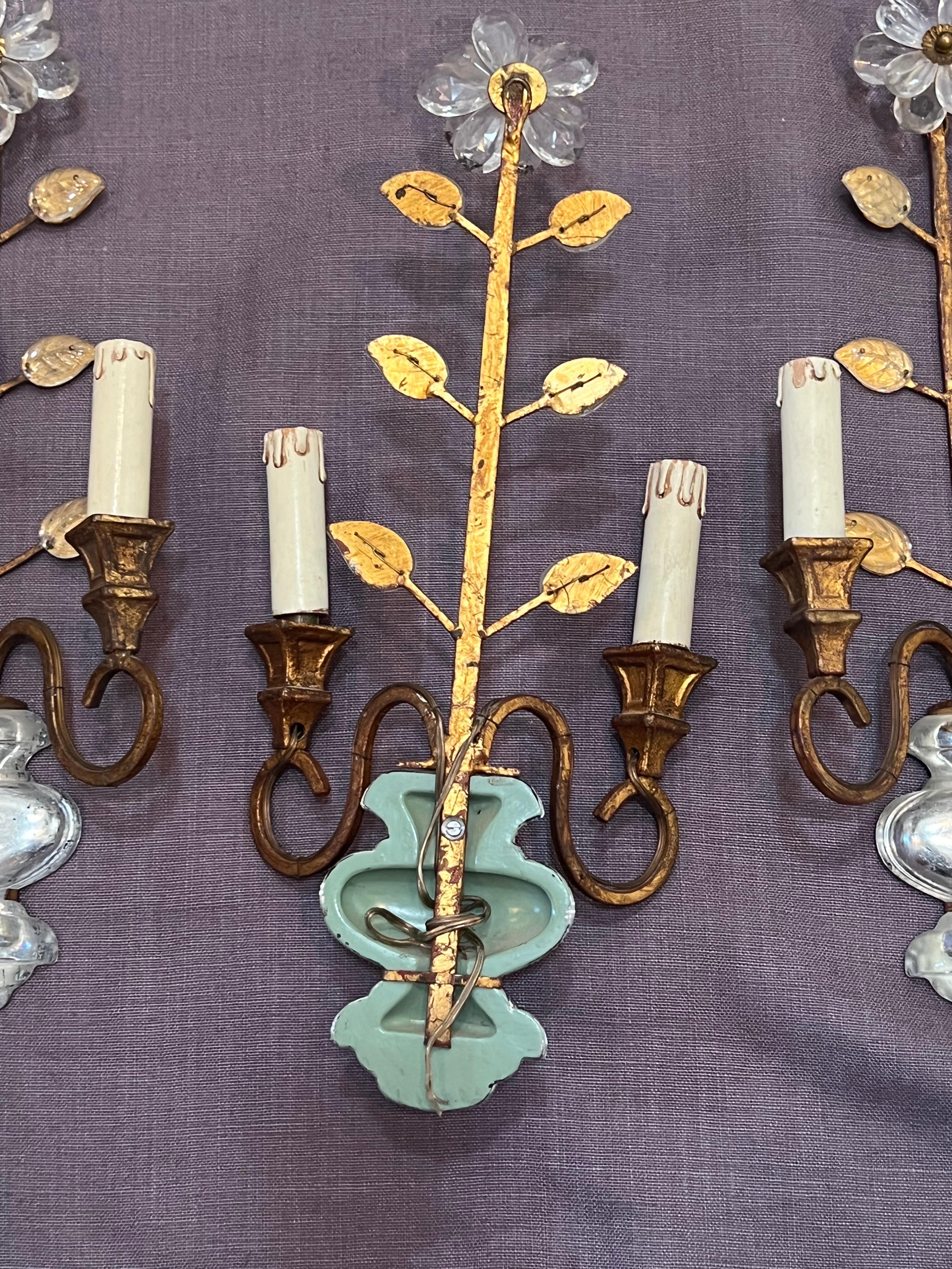 Set of Four Gilt Iron and Crylstal Sconces by Banci 2