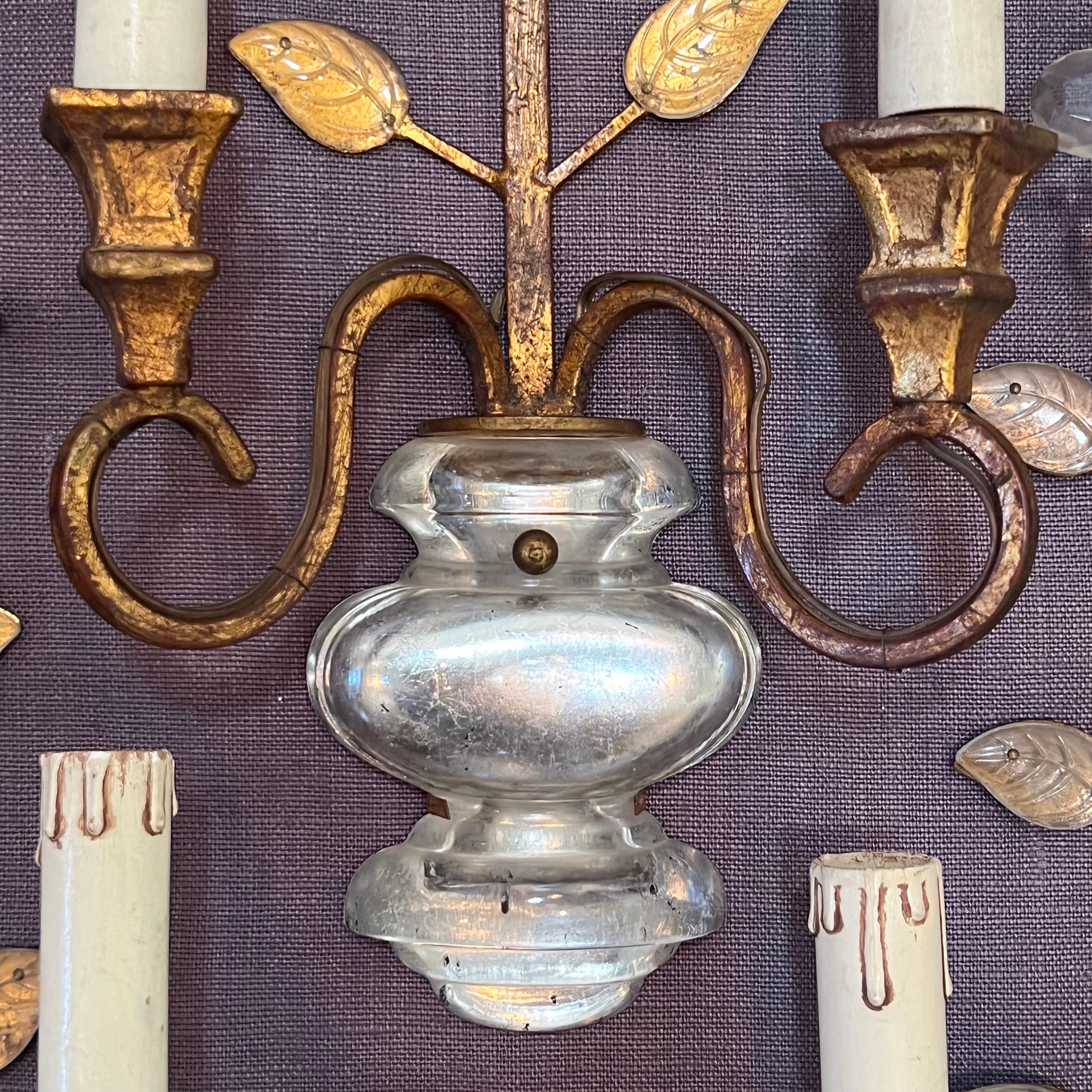 Set of Four Gilt Iron and Crylstal Sconces by Banci 3