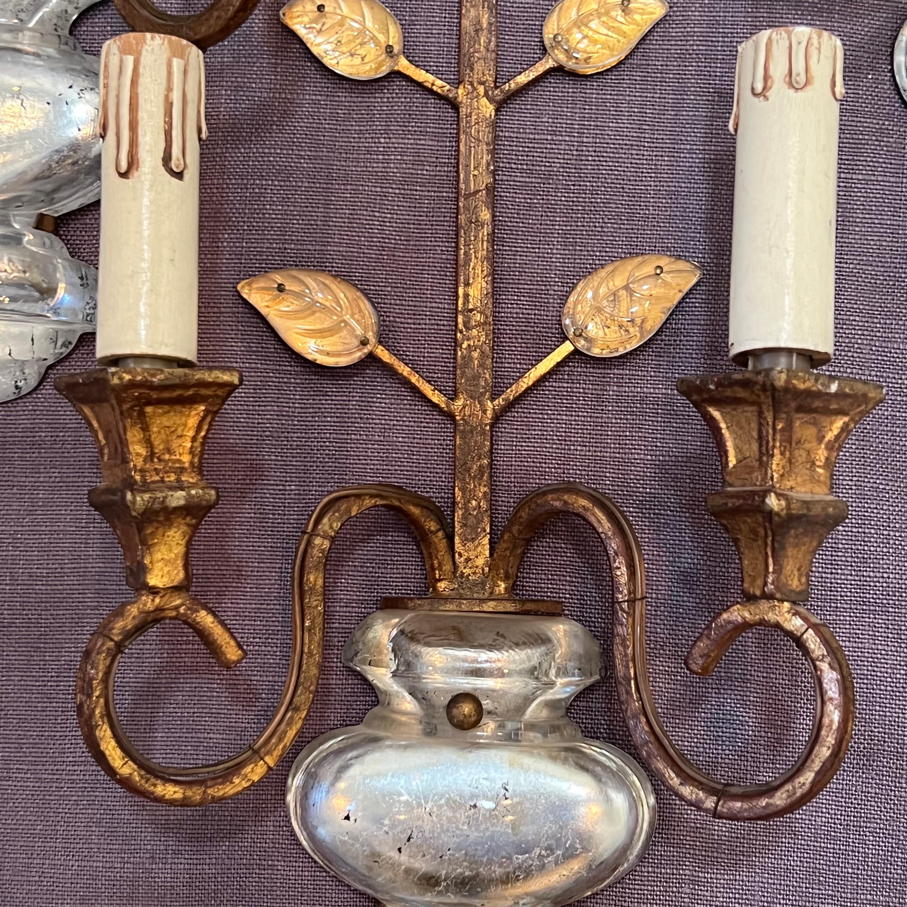 Set of Four Gilt Iron and Crylstal Sconces by Banci 6
