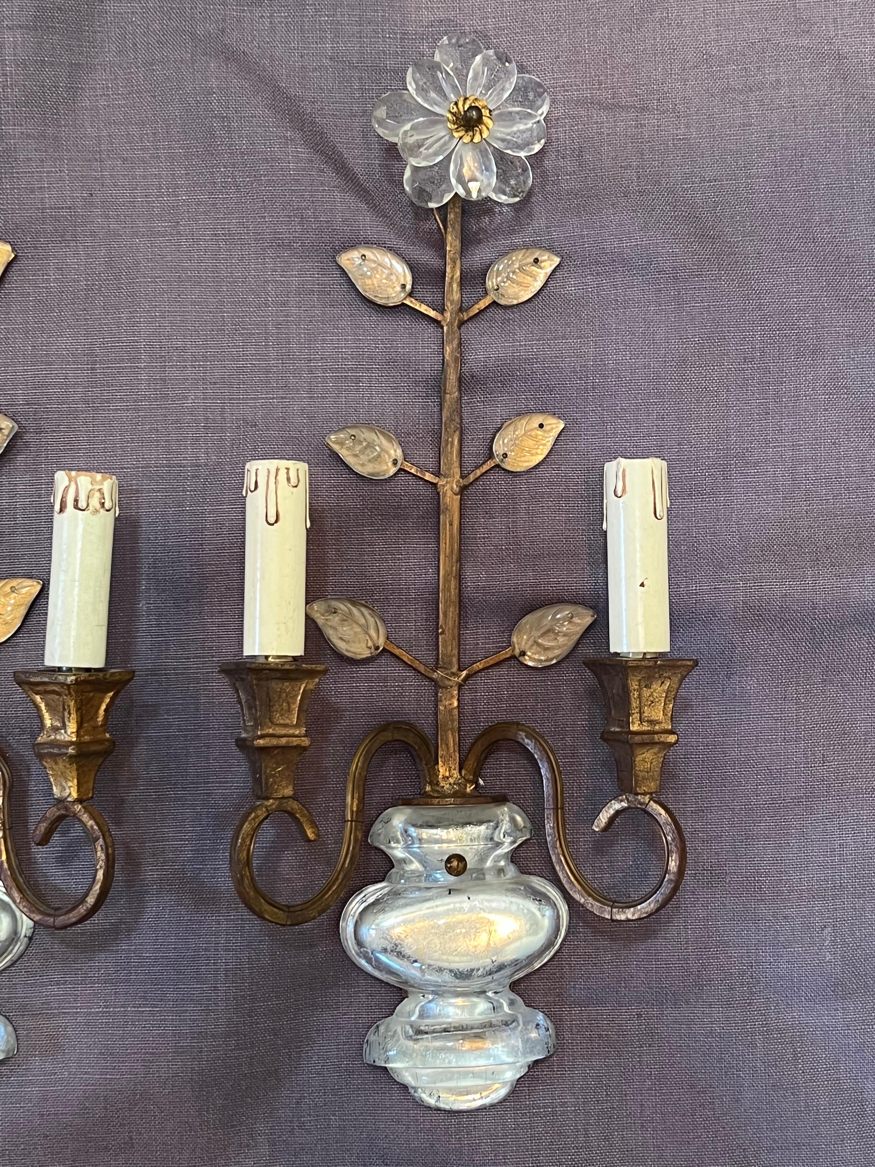 Neoclassical Set of Four Gilt Iron and Crylstal Sconces by Banci