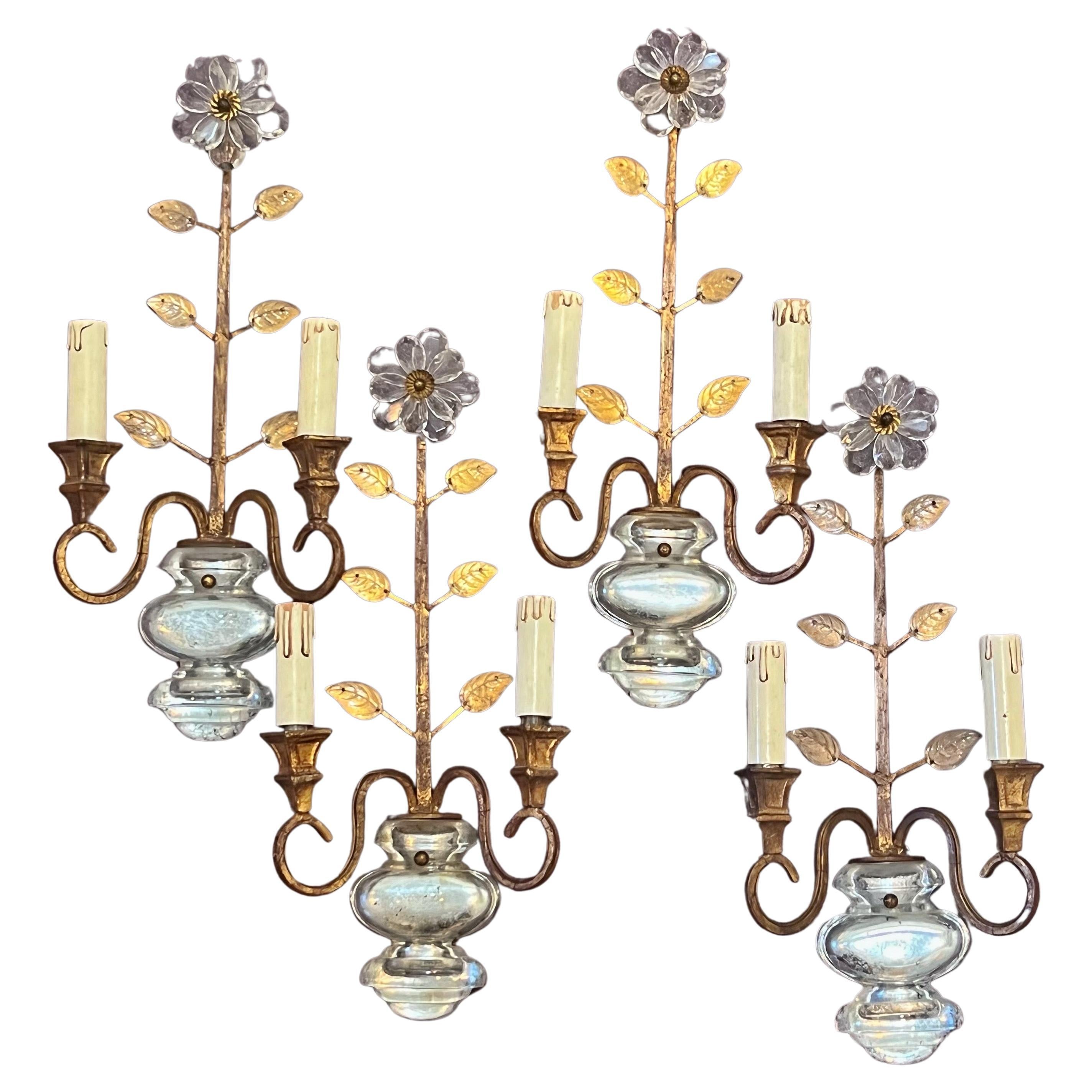 Set of Four Gilt Iron and Crylstal Sconces by Banci