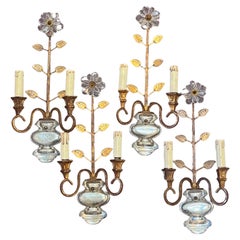 Set of Four Gilt Iron and Crylstal Sconces by Banci