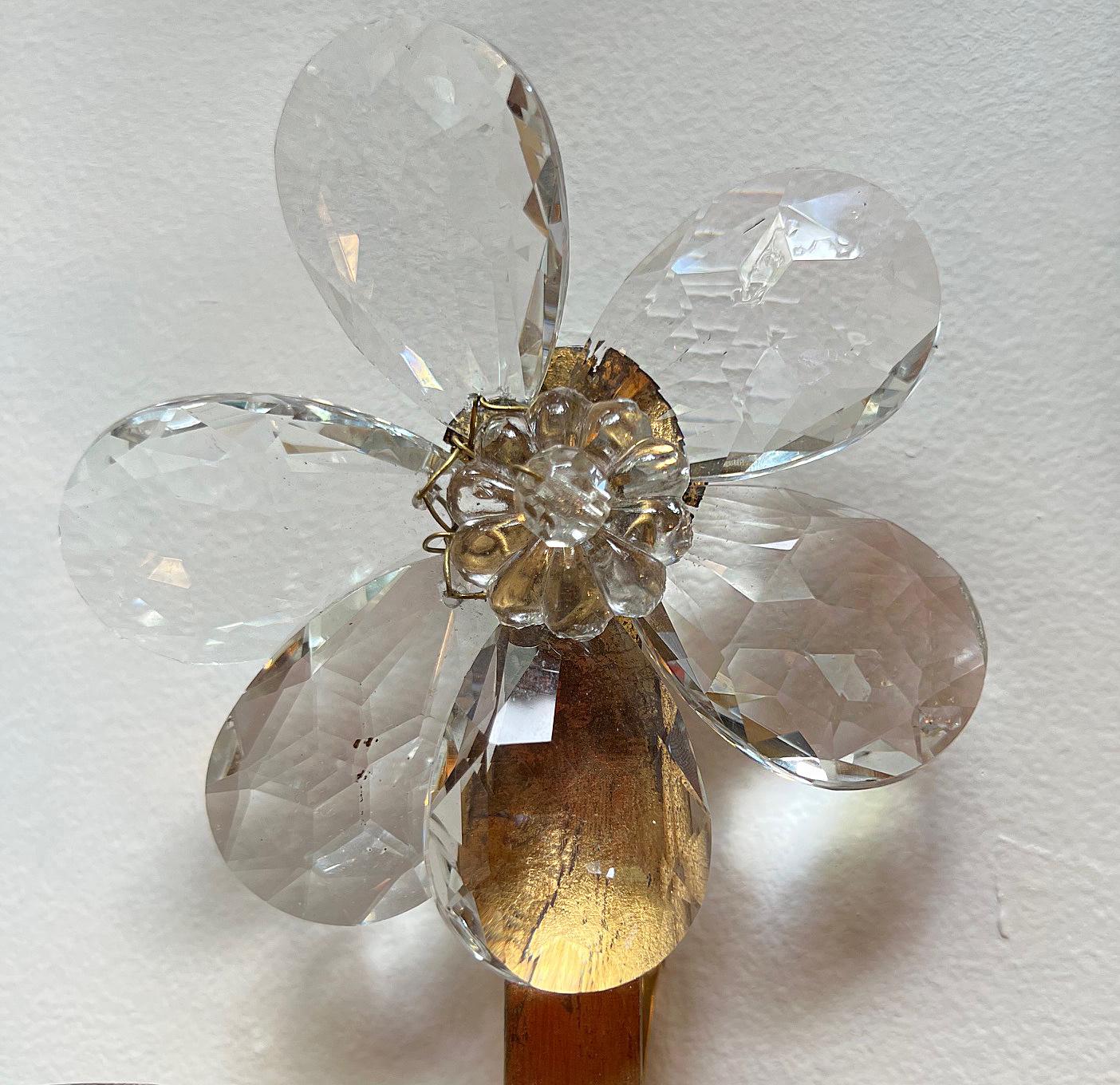 French Set of Gilt Metal Sconces Crystal Leaves and Flowers, Sold per Pair For Sale