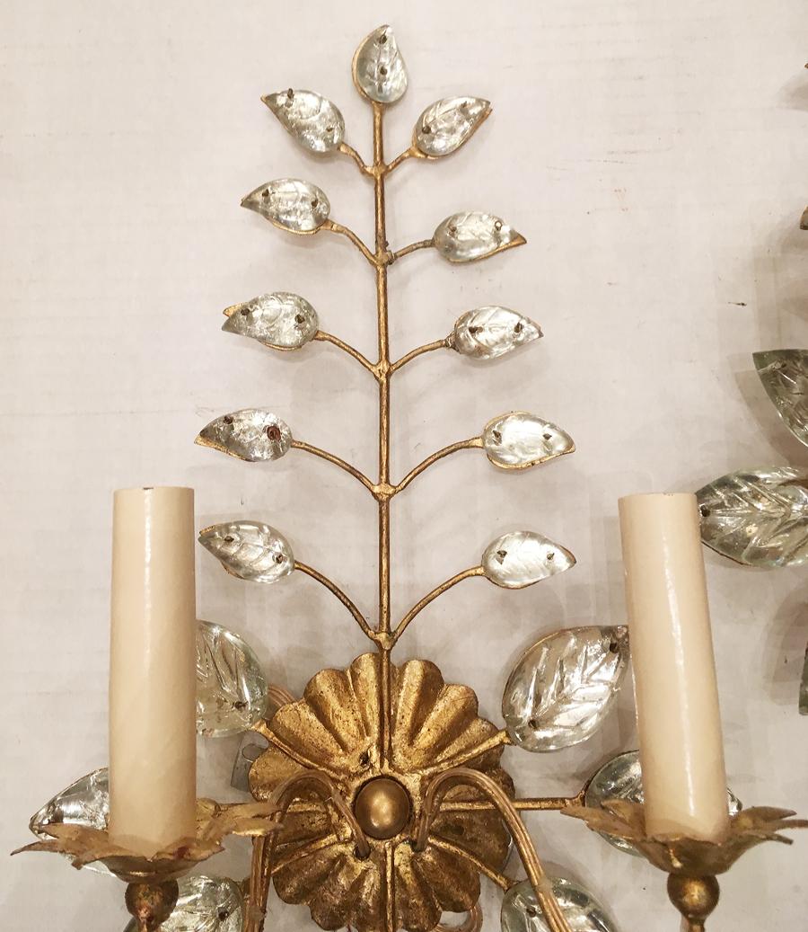 Set of 6 circa 1940's French gilt metal sconces with molded glass leaves.

Measurements:
Height 24