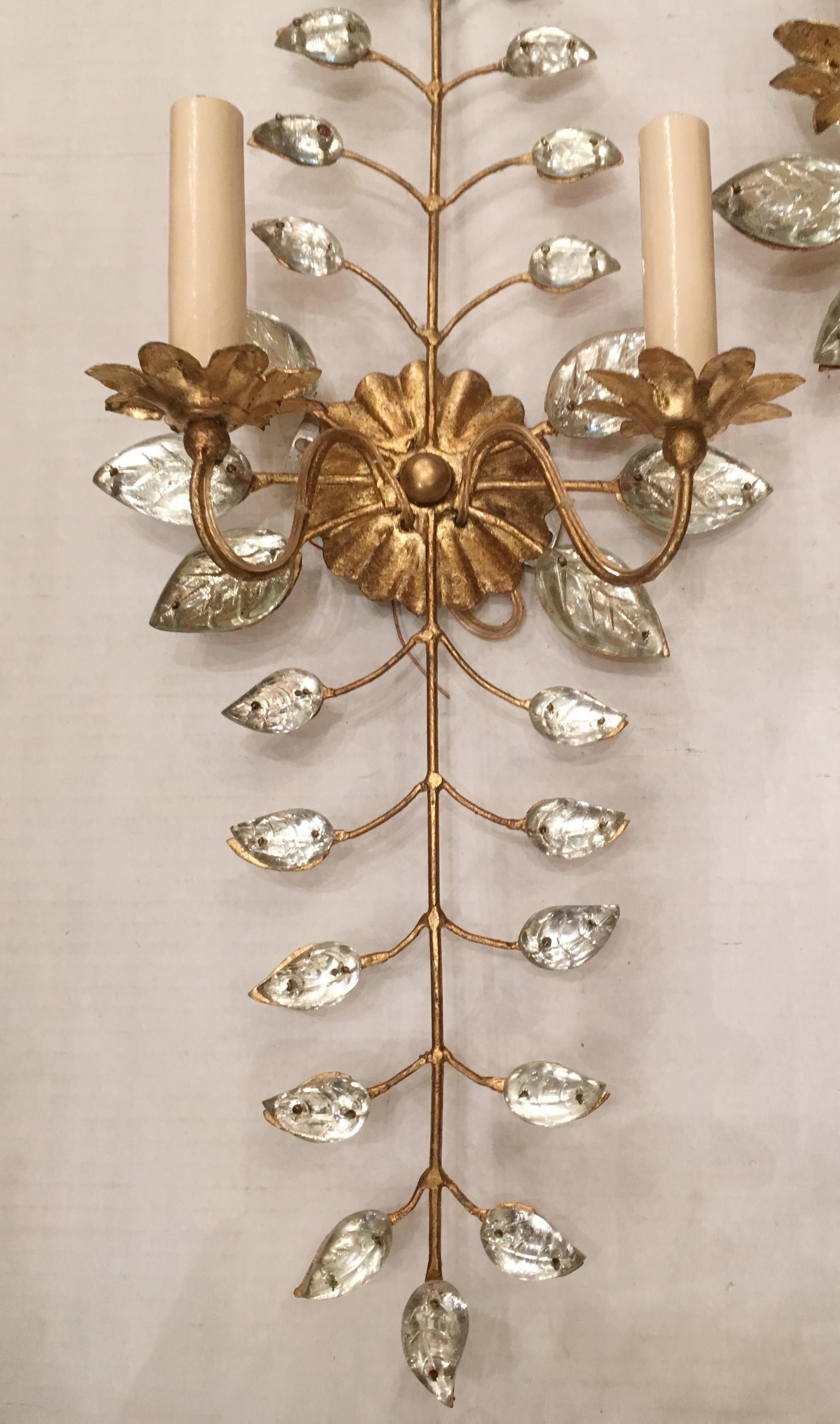 French Set of Gilt Metal Sconces with Molded Glass Leaves, Sold per Pair