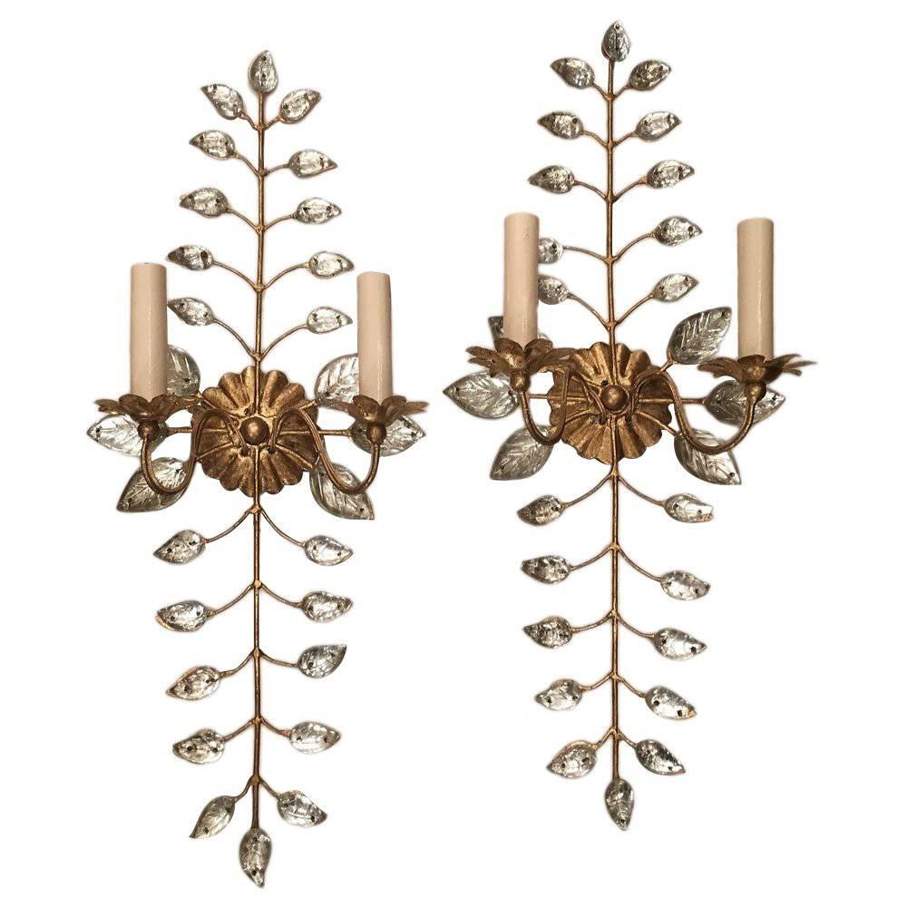 Set of Gilt Metal Sconces with Molded Glass Leaves, Sold per Pair