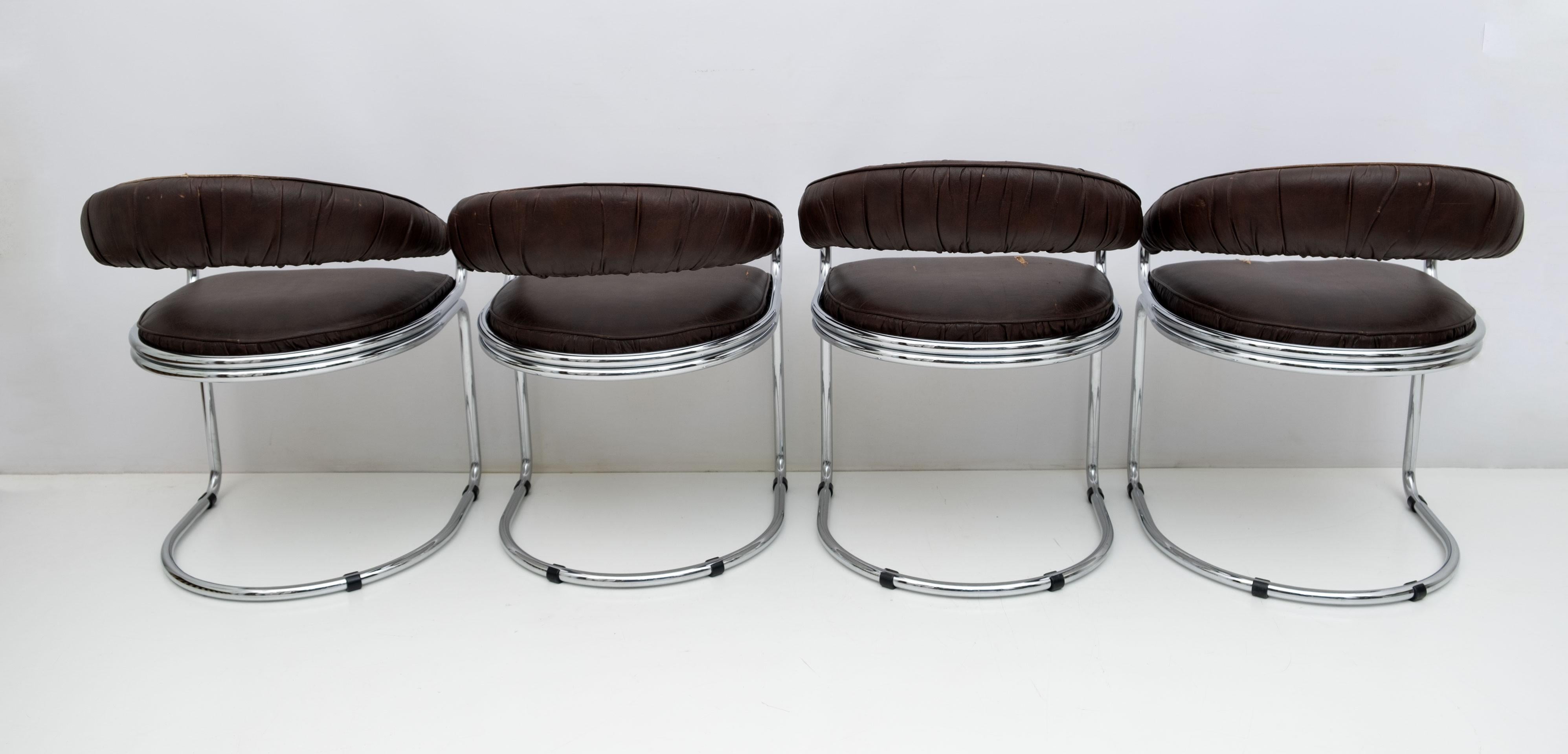 Set of Four Giotto Stoppino Modern Metal Chrome Dining Chairs for Kartell, 1970s For Sale 1