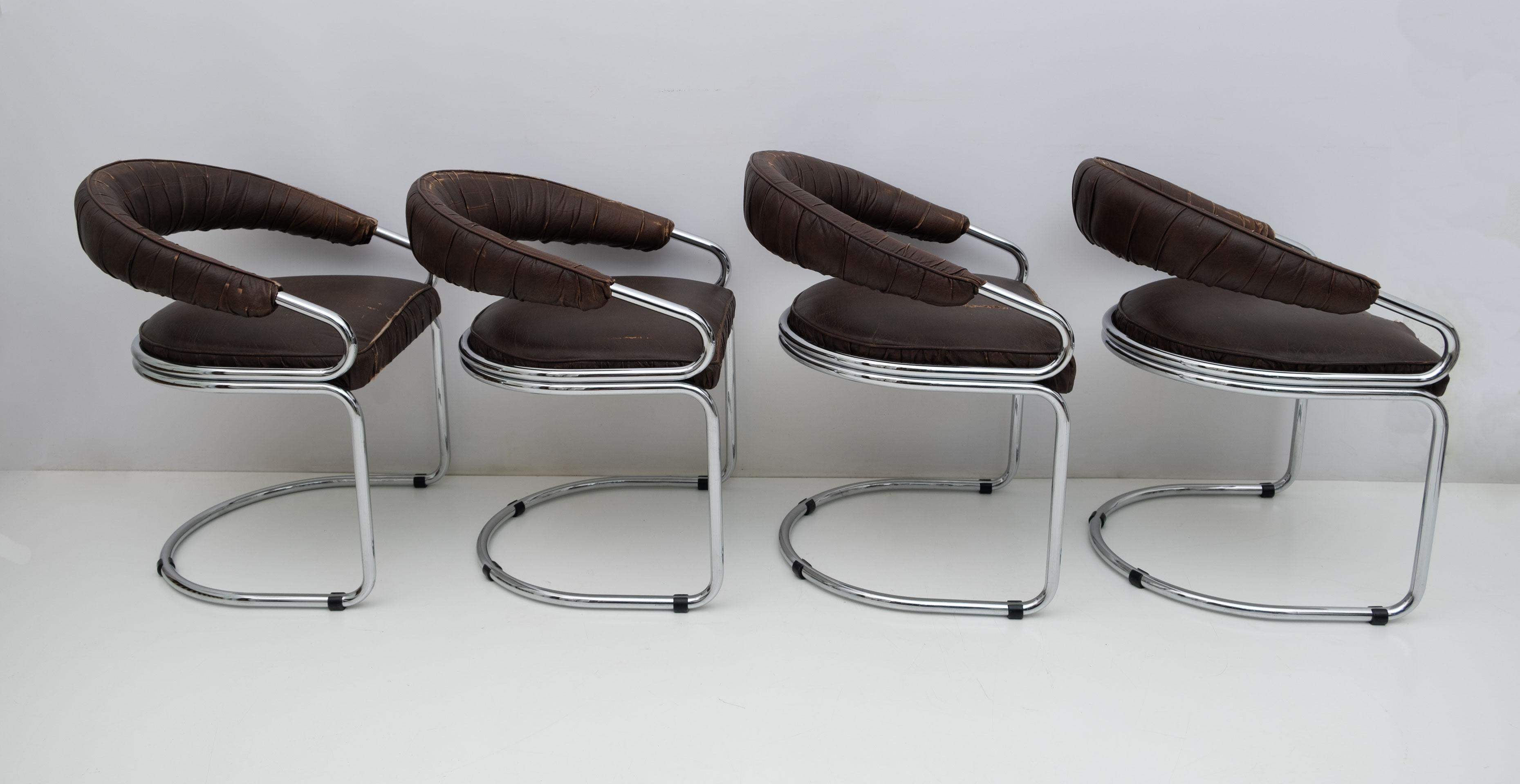 Set of Four Giotto Stoppino Modern Metal Chrome Dining Chairs for Kartell, 1970s For Sale 3