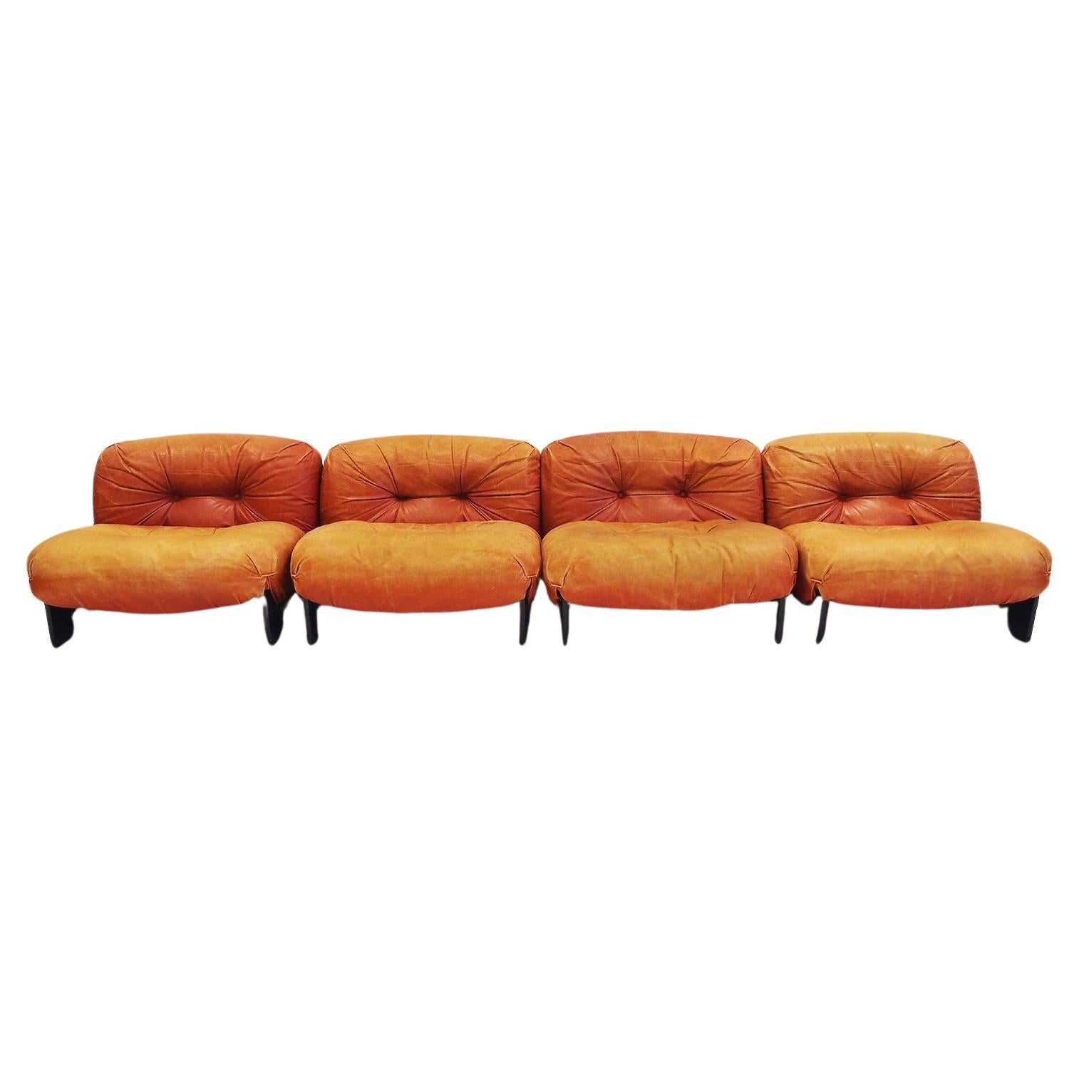 Set of Four Giuseppe Munari Modular Lounge Chairs Upholstered in Cognac Leather For Sale