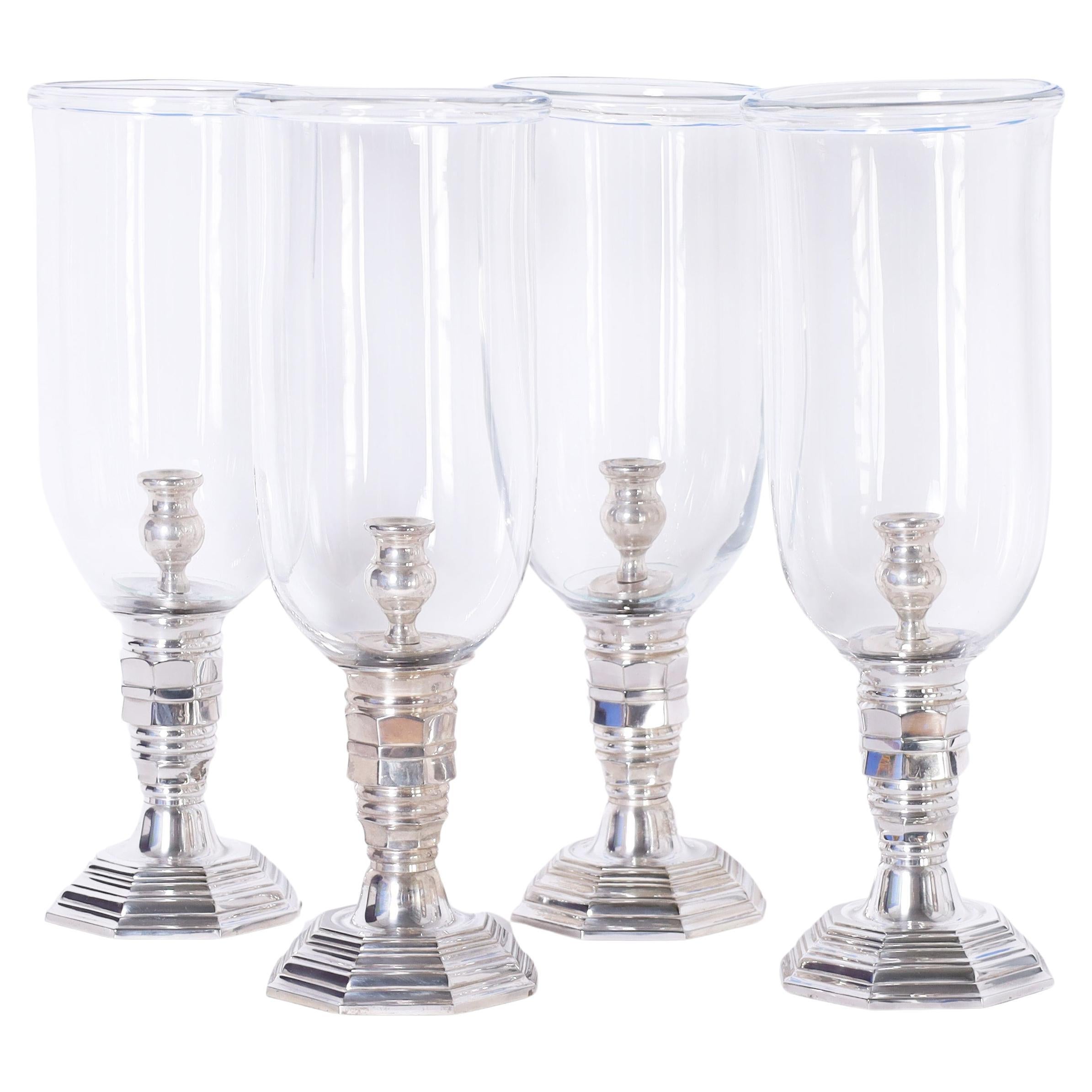 Set of Four Glass and Silver Plate Hurricane Candle Holders, Priced per Pair For Sale