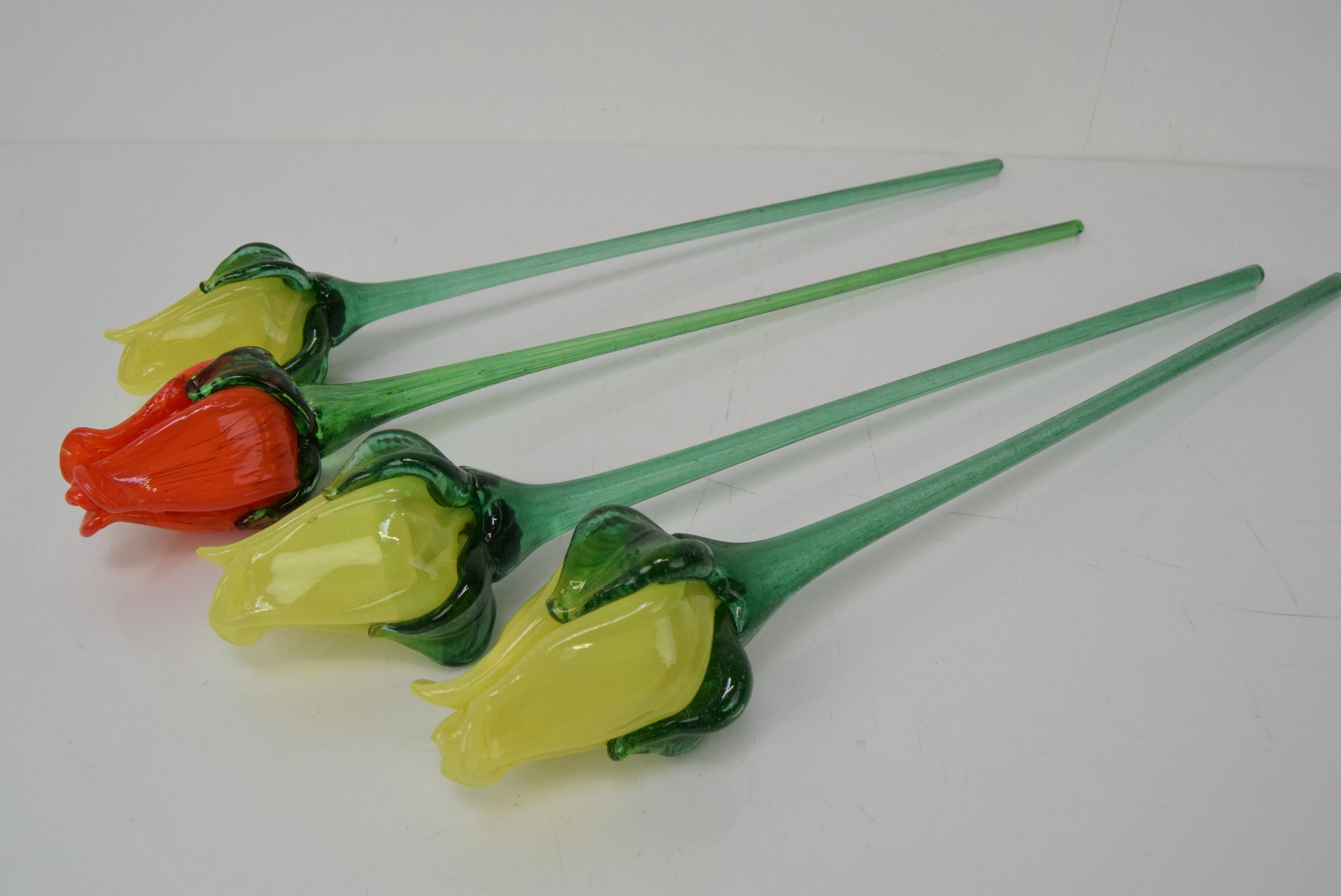 Mid-20th Century Set of Four Glass Flowers/Rose, Glasswork Novy Bor, 1950's. For Sale